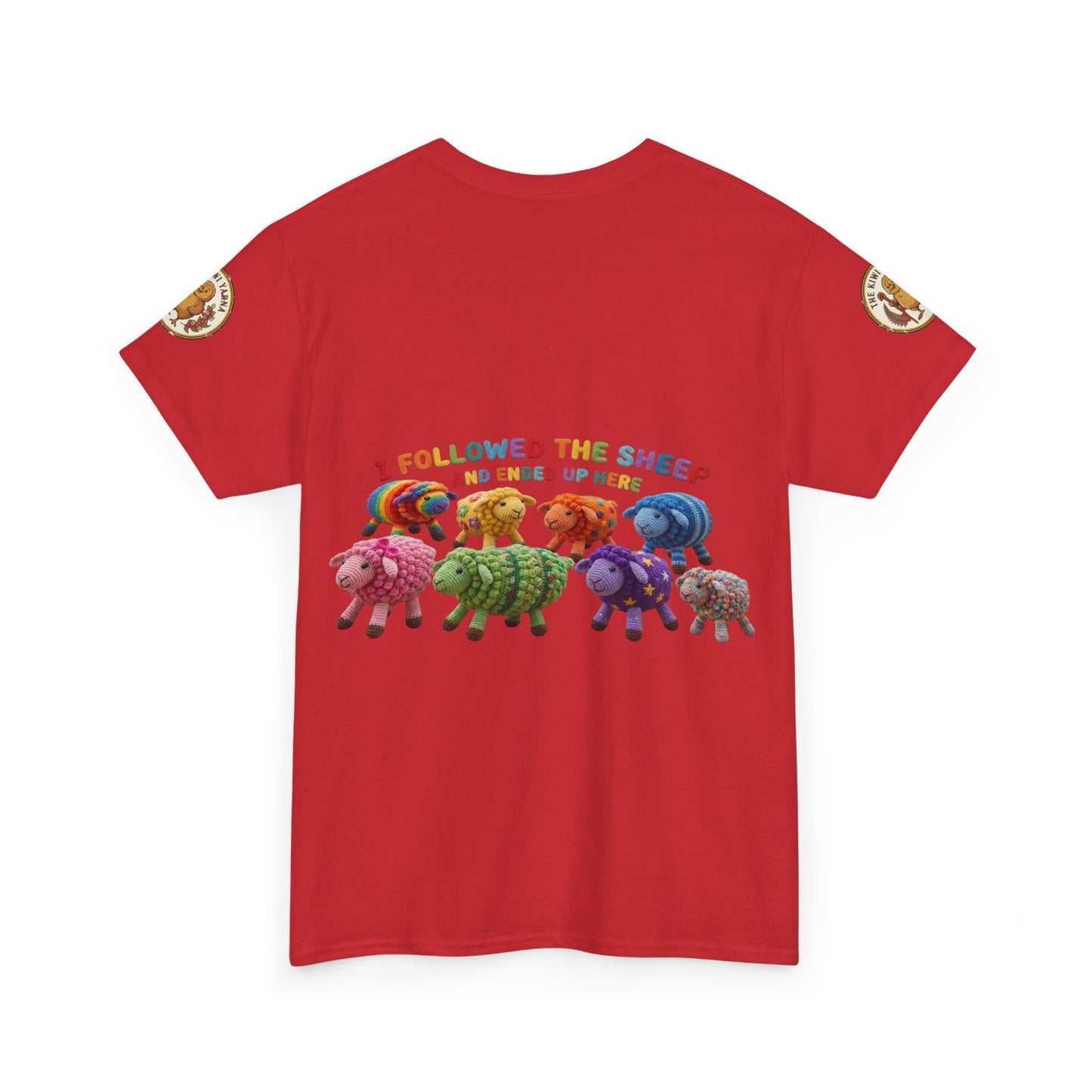 Red graphic crewneck t-shirt with colorful sheep lineup and multicolor text across chest.