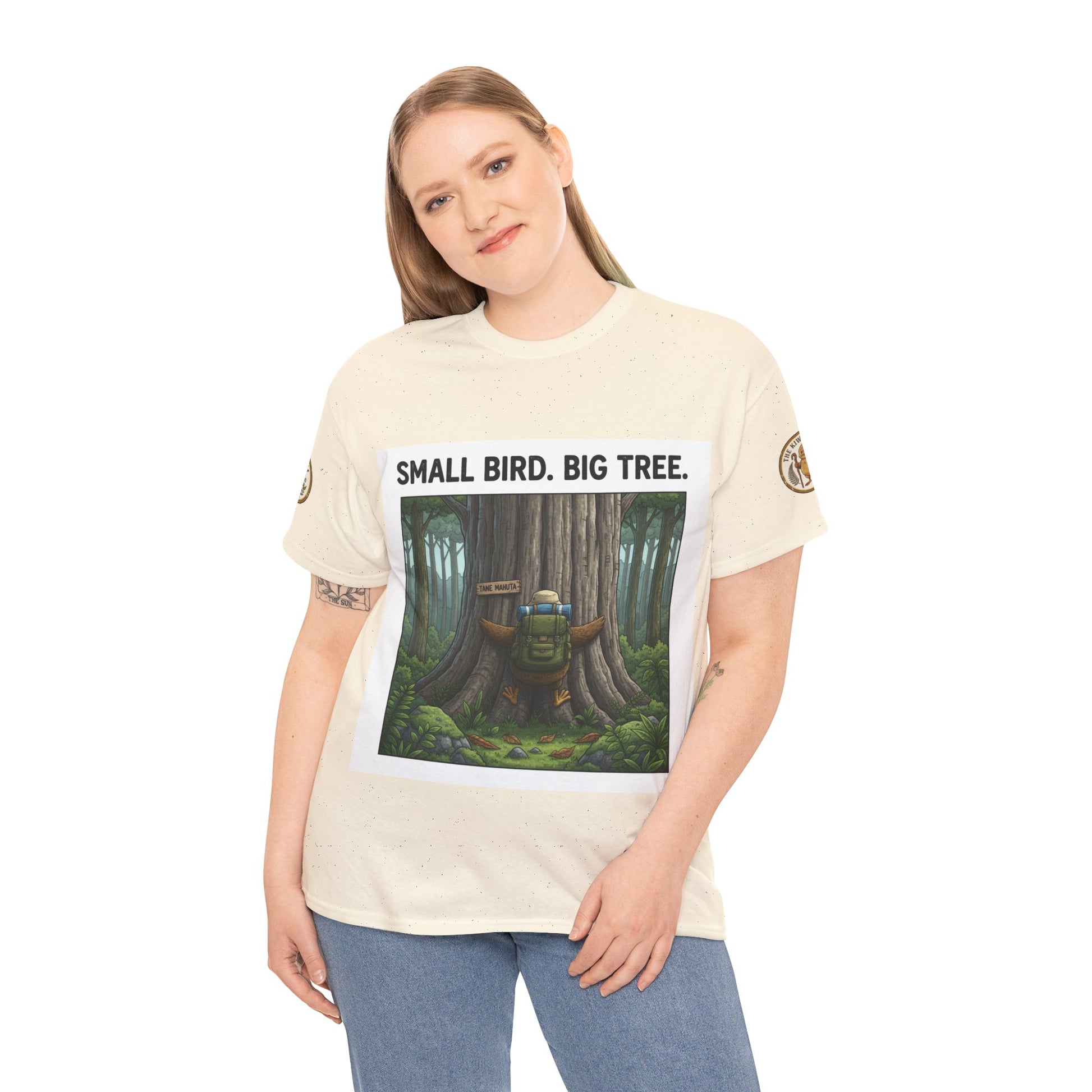 Ivory graphic crewneck T-shirt with centered forest scene graphic and tree slogan