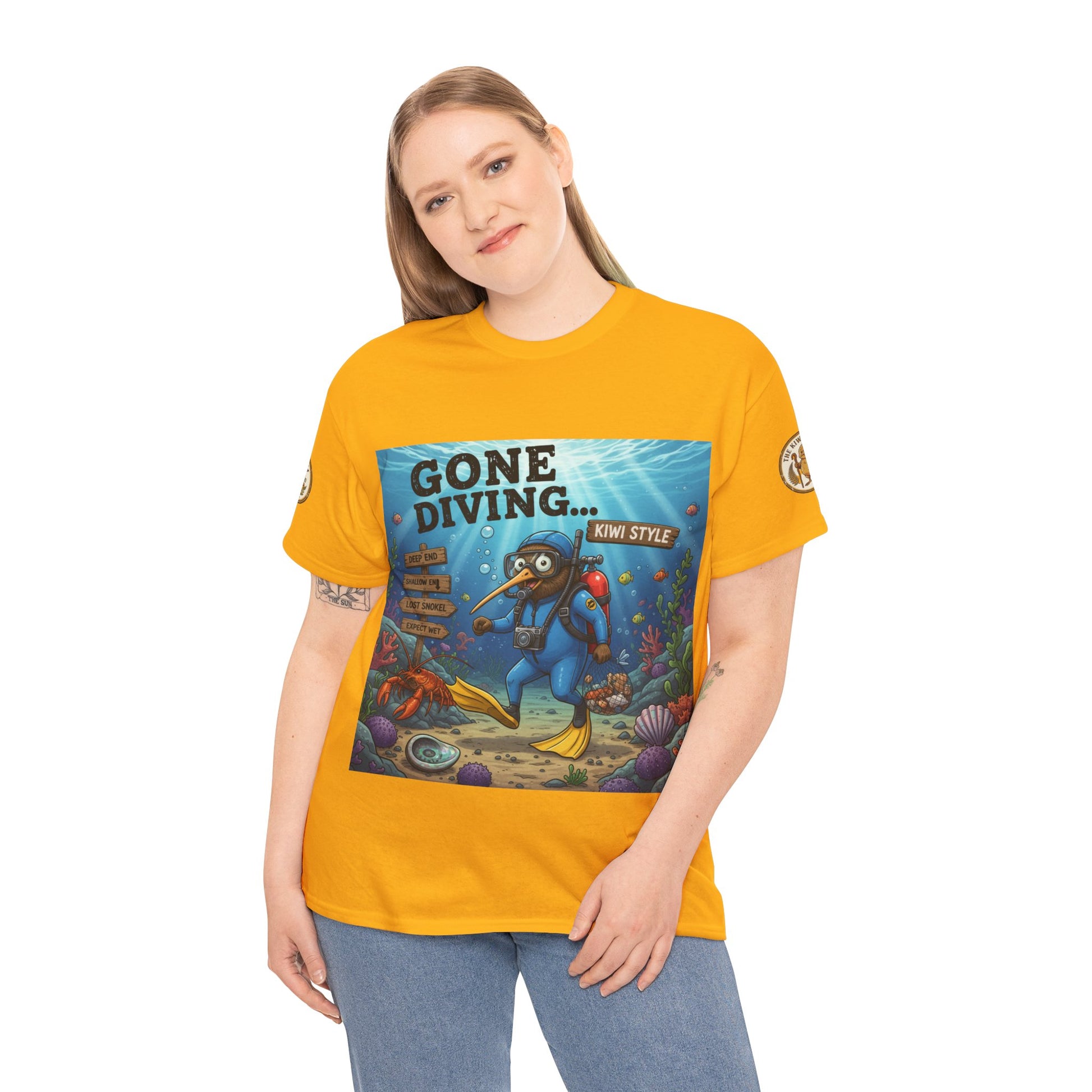 Yellow crew-neck T-shirt with ocean diver graphic and round sleeve patches