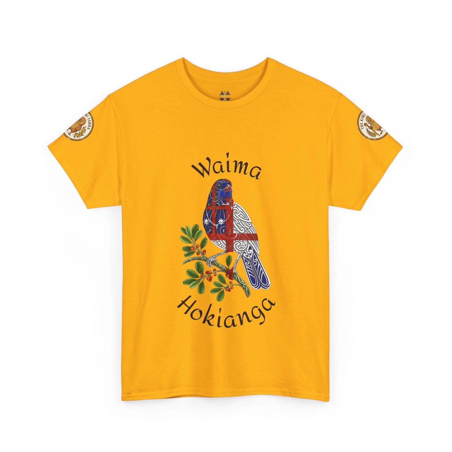 Orange T-shirt with blue bird graphic, leaf accents, and shoulder patches.