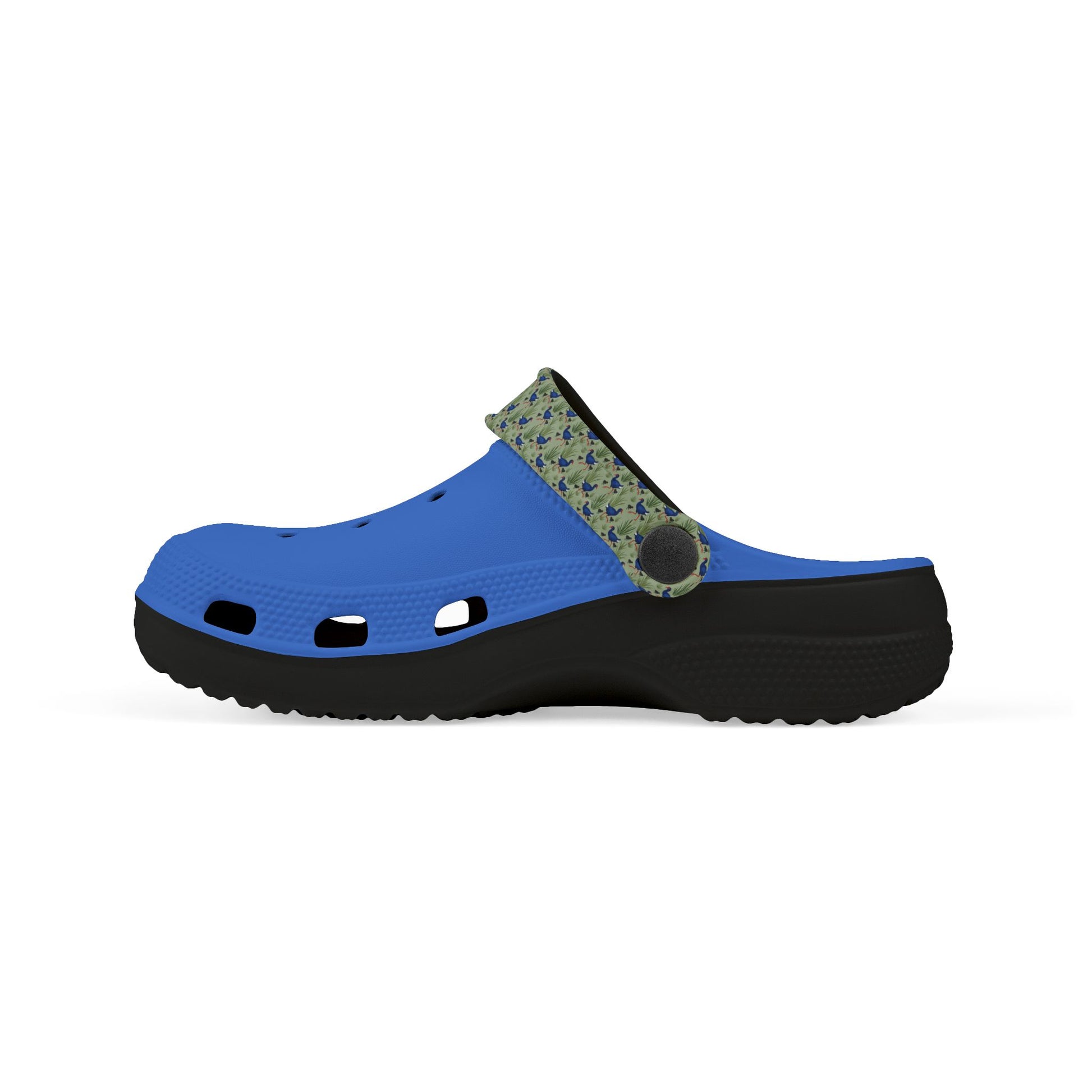 Kids blue slip-on clogs with patterned side insert and perforated ventilation holes.