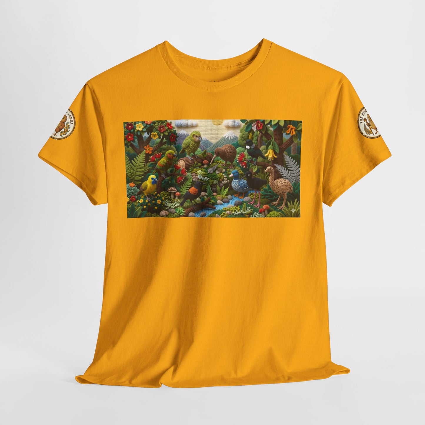 Mustard yellow crew-neck t-shirt with large rectangular birds-in-nature graphic on front