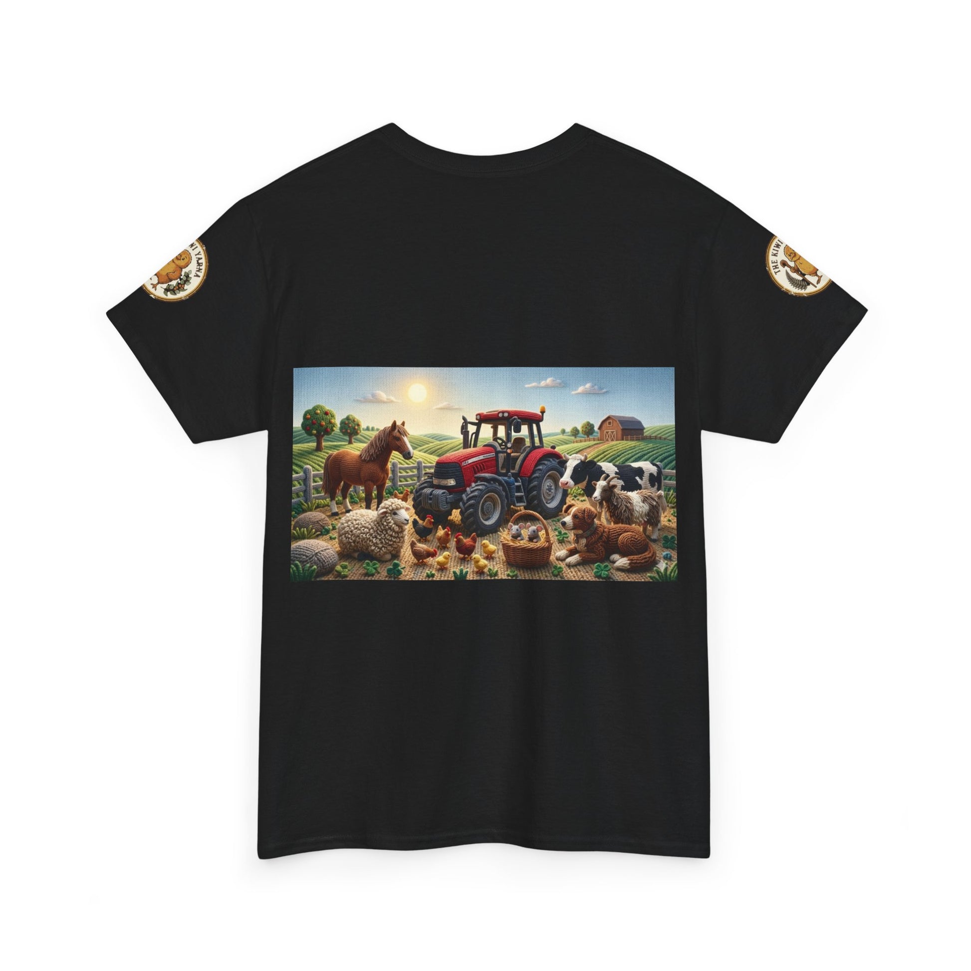 Black crewneck T-shirt with farm scene graphic featuring tractor and animals