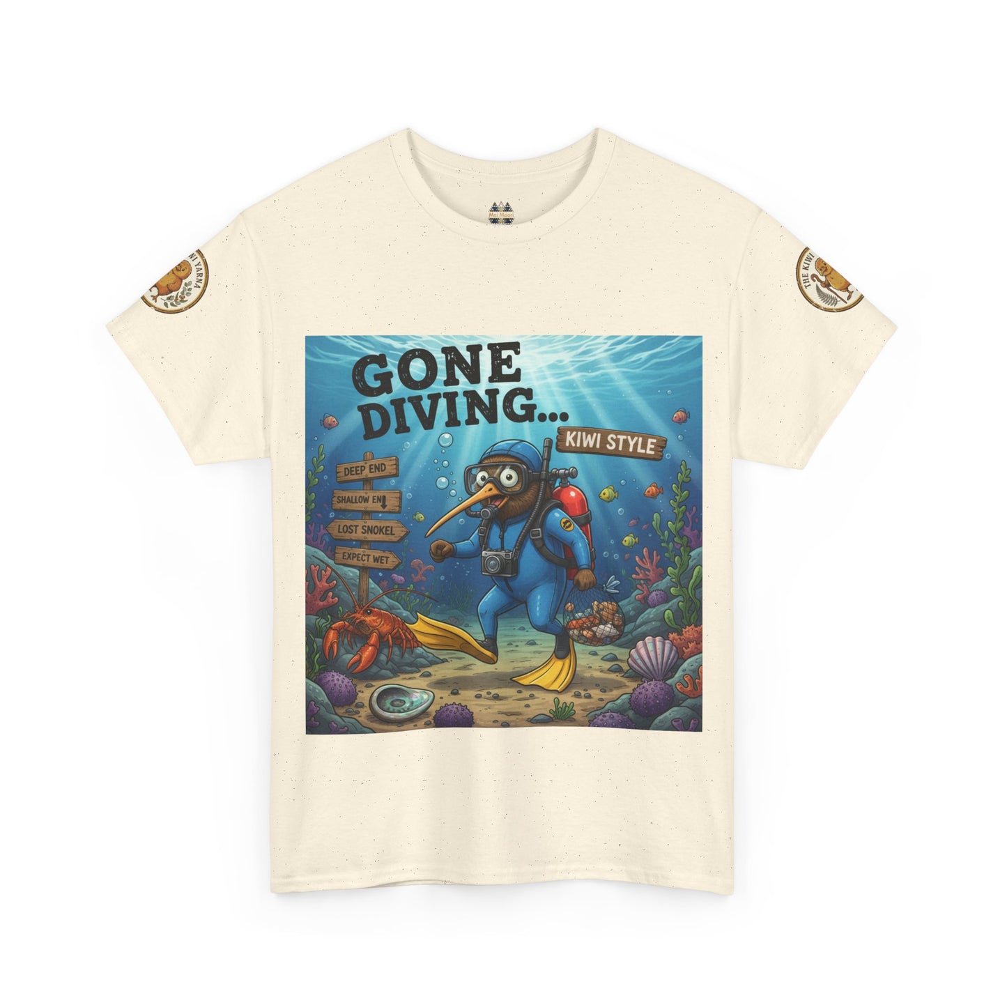 Cream crew-neck T-shirt with ocean diver graphic and round sleeve patches