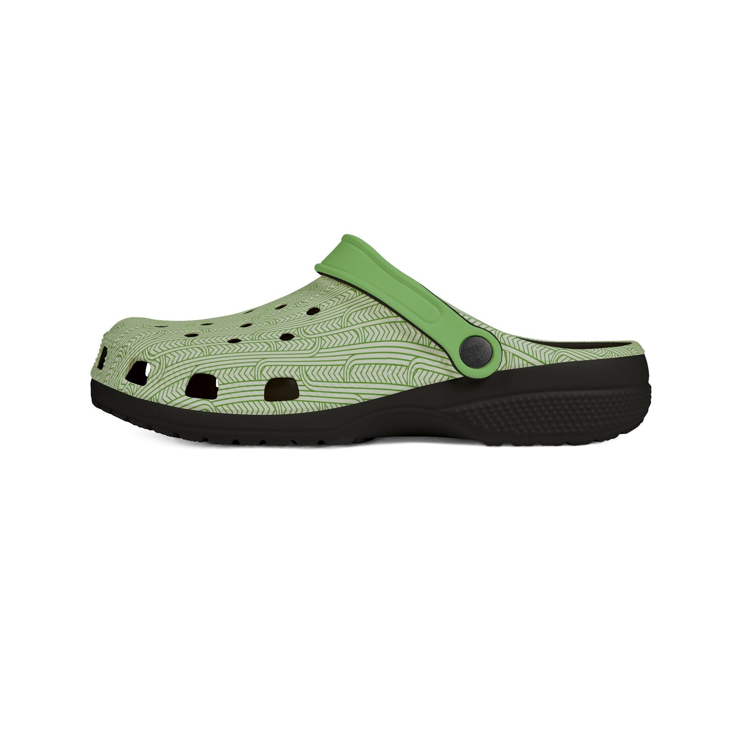 Green clog sandals with adjustable strap, textured upper and black outsole