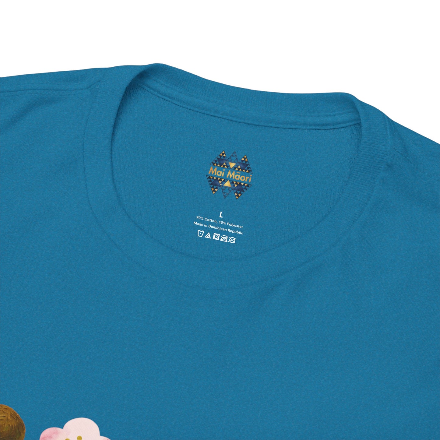 Teal T-shirt neckline close-up with small logo label at center