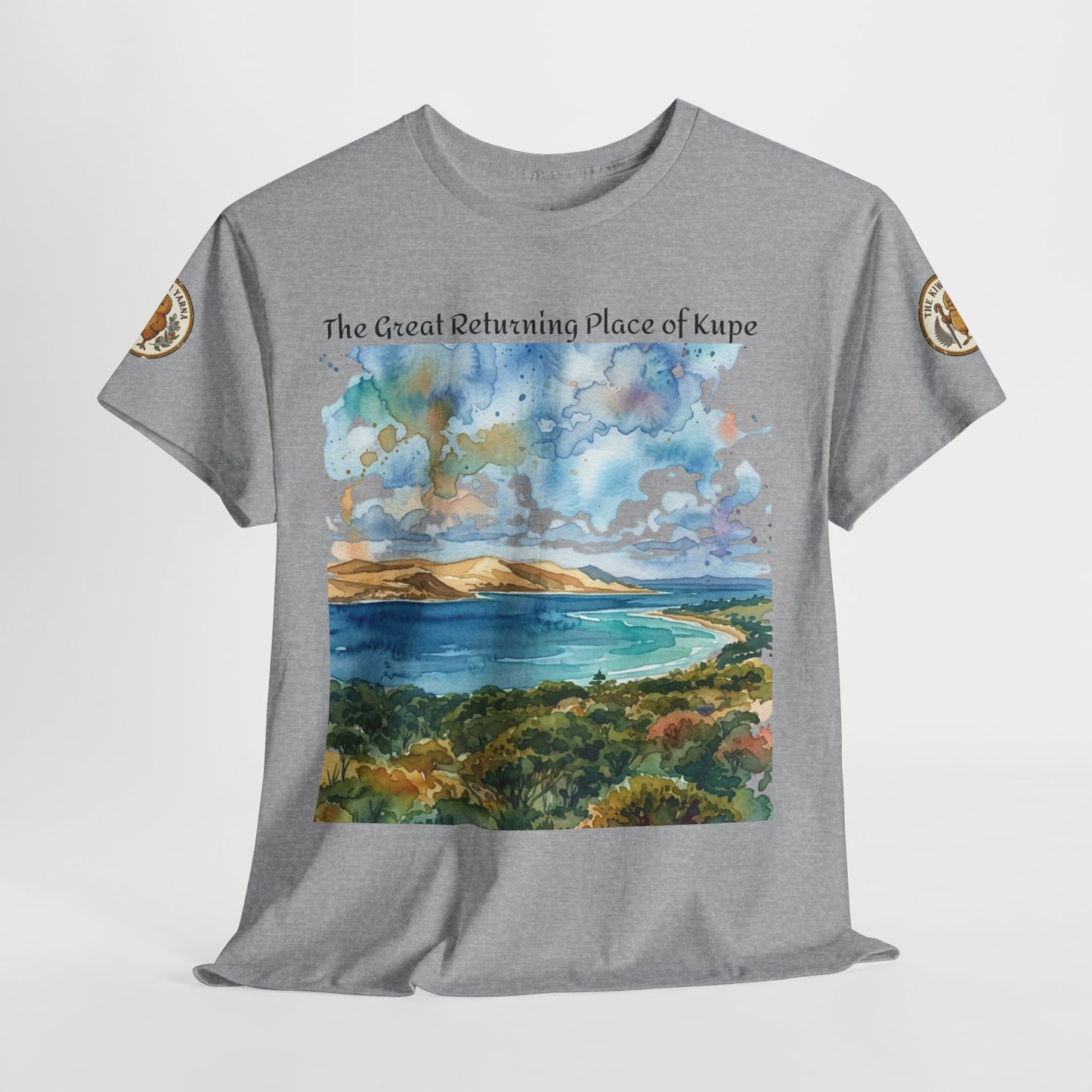 Ash gray crew-neck T-shirt with watercolor landscape front graphic and sleeve patches