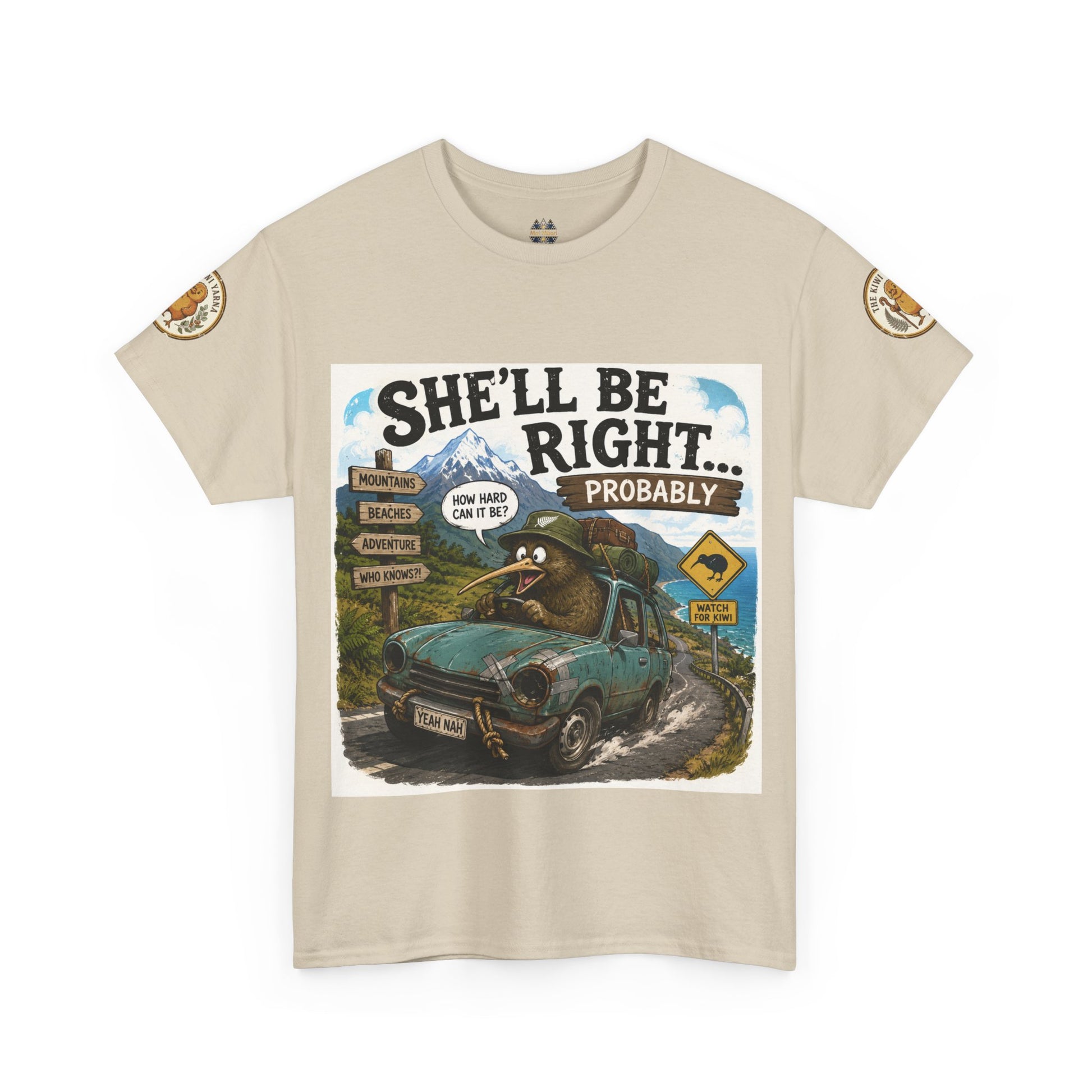Beige graphic T-shirt with front print and round sleeve logo patches.