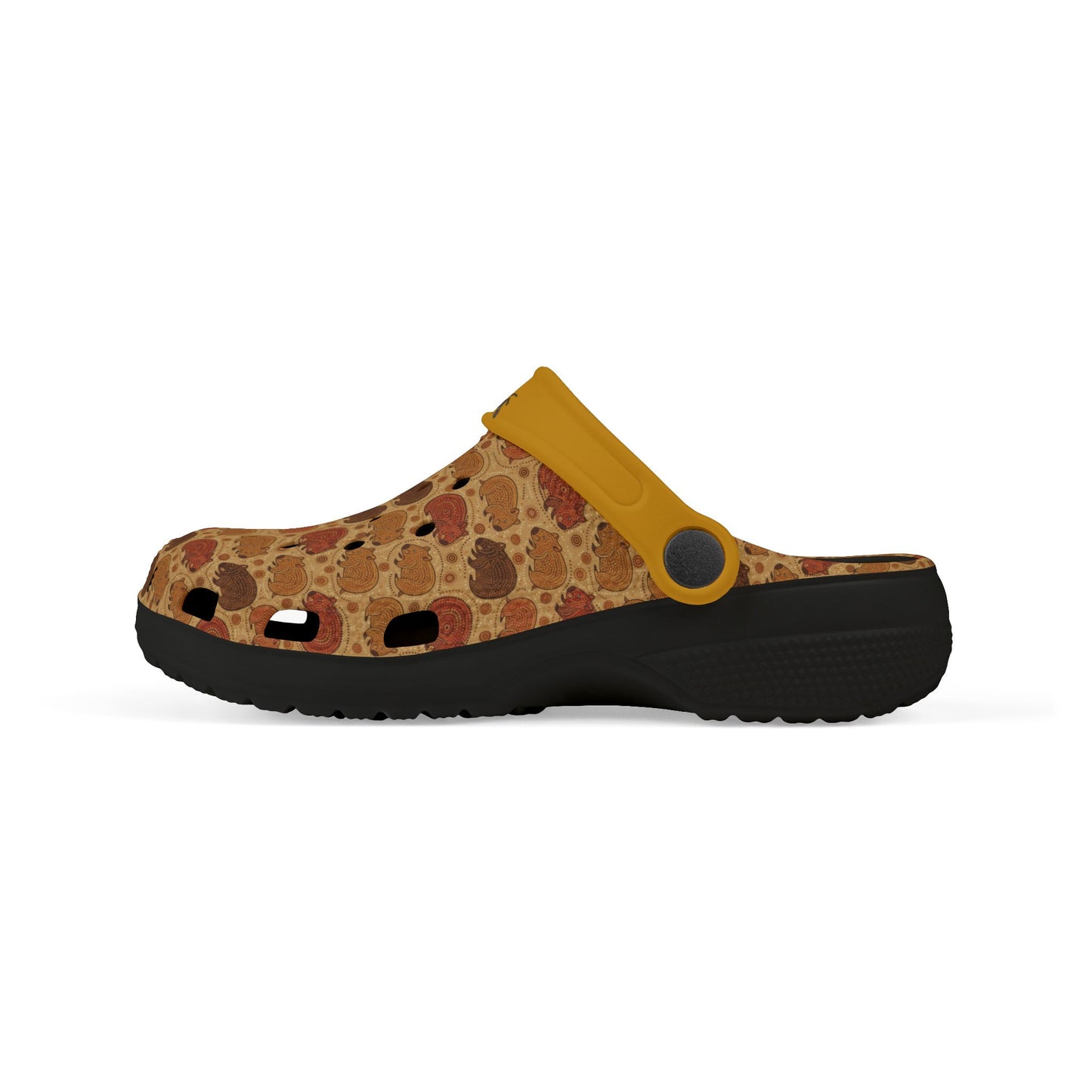 Patterned slip-on clog with yellow strap and black sole, side view.