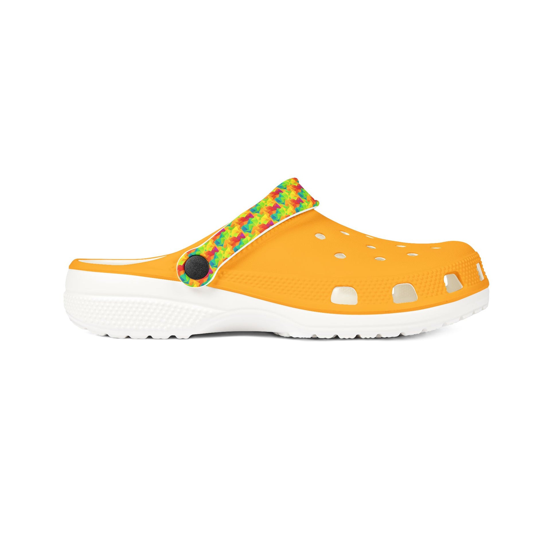 Orange clog shoes with multicolor geometric insole and white perforated sole