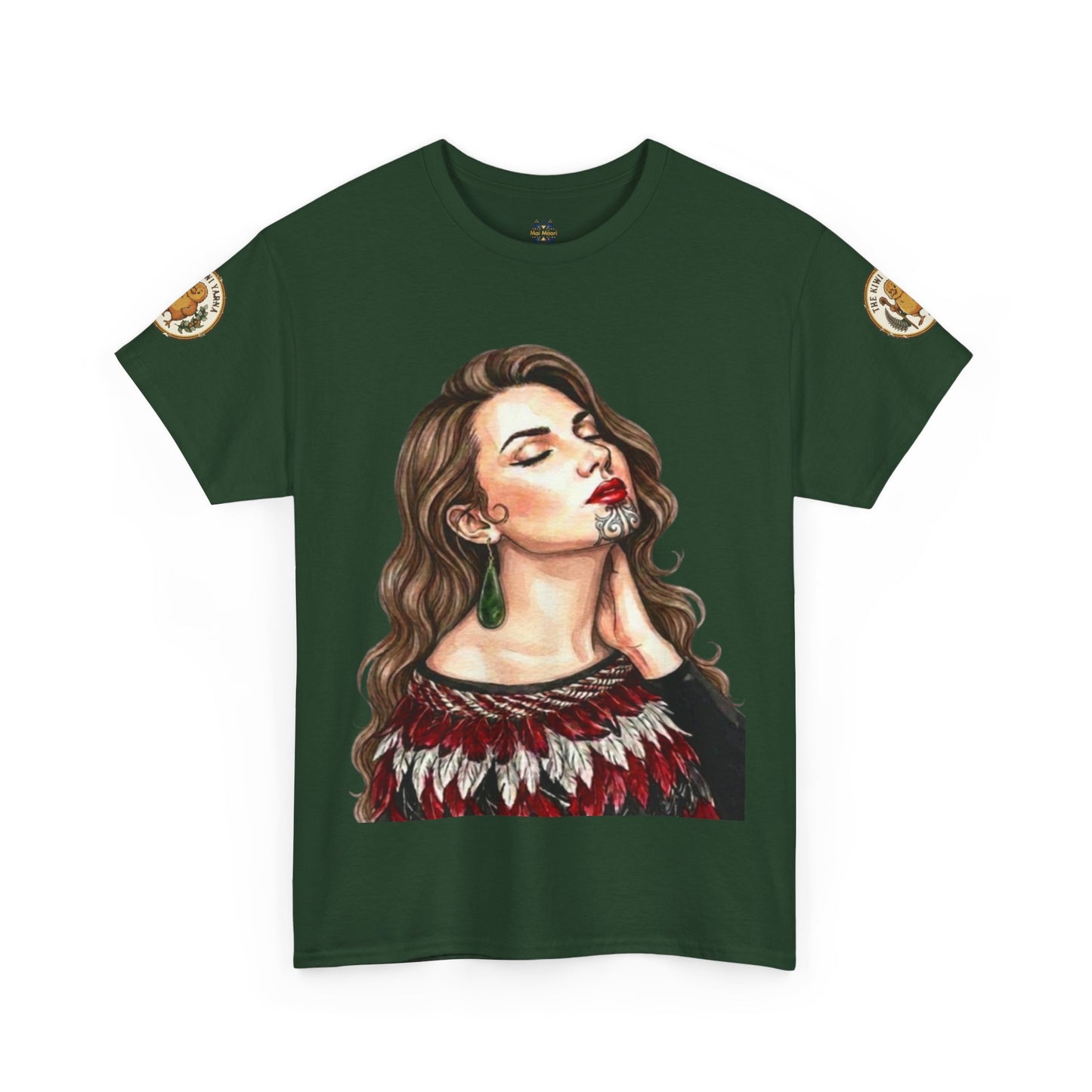 Dark green T-shirt with portrait graphic and gold sleeve patch details.