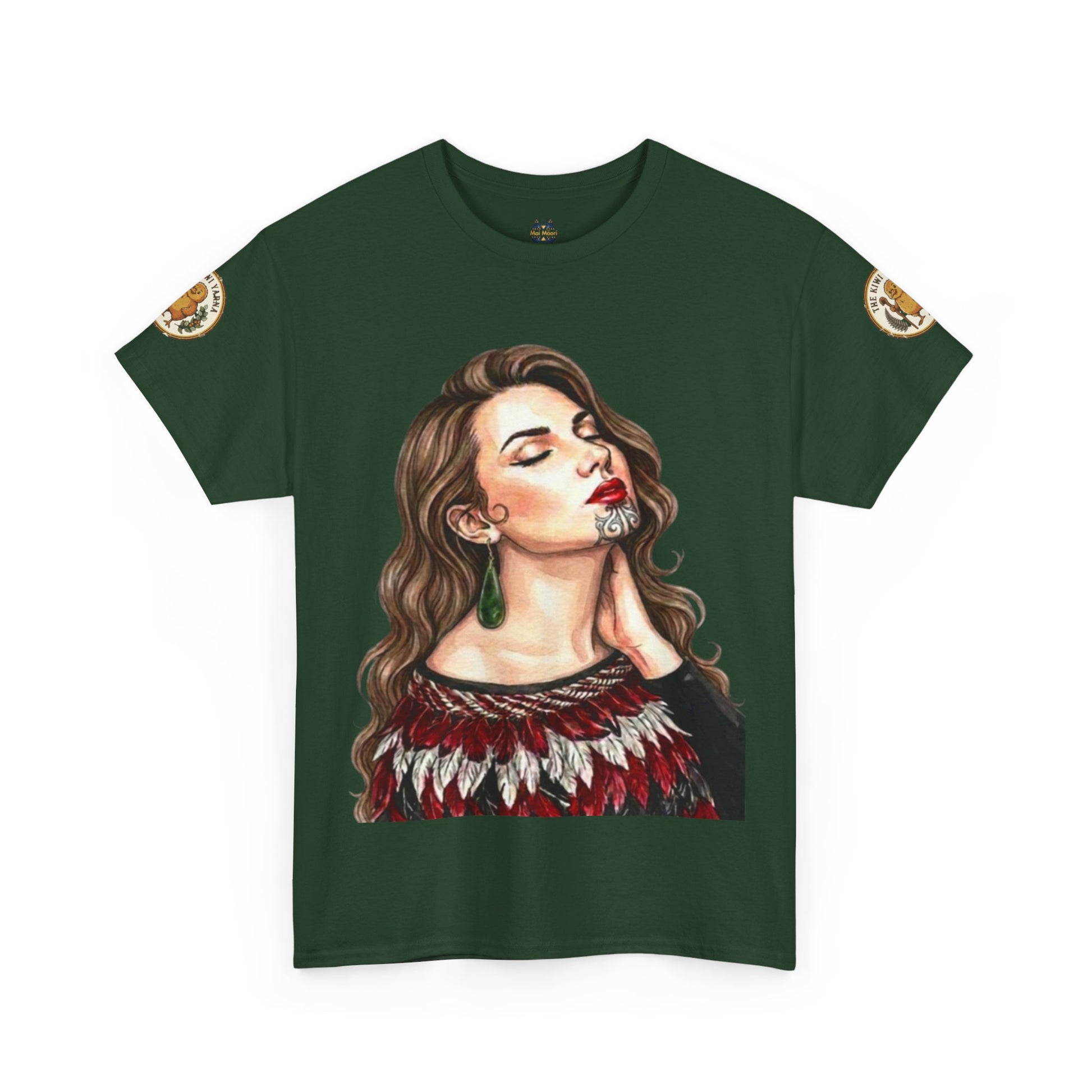 Dark green T-shirt with portrait graphic and gold sleeve patch details.