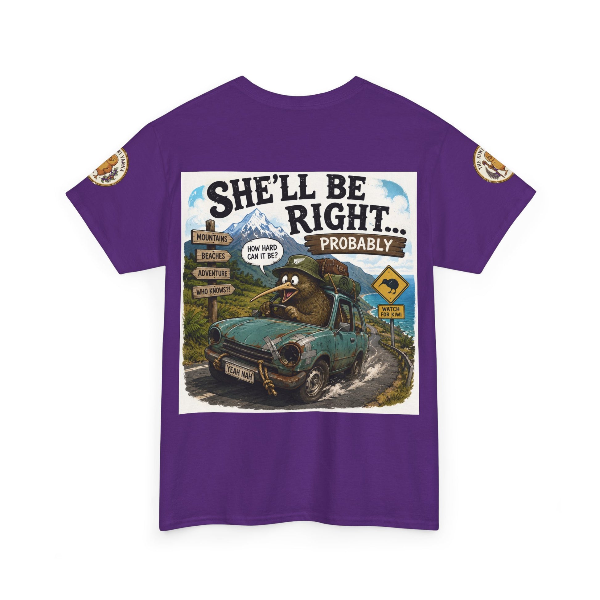 Purple graphic T-shirt with front photo-style logo print and small sleeve emblems