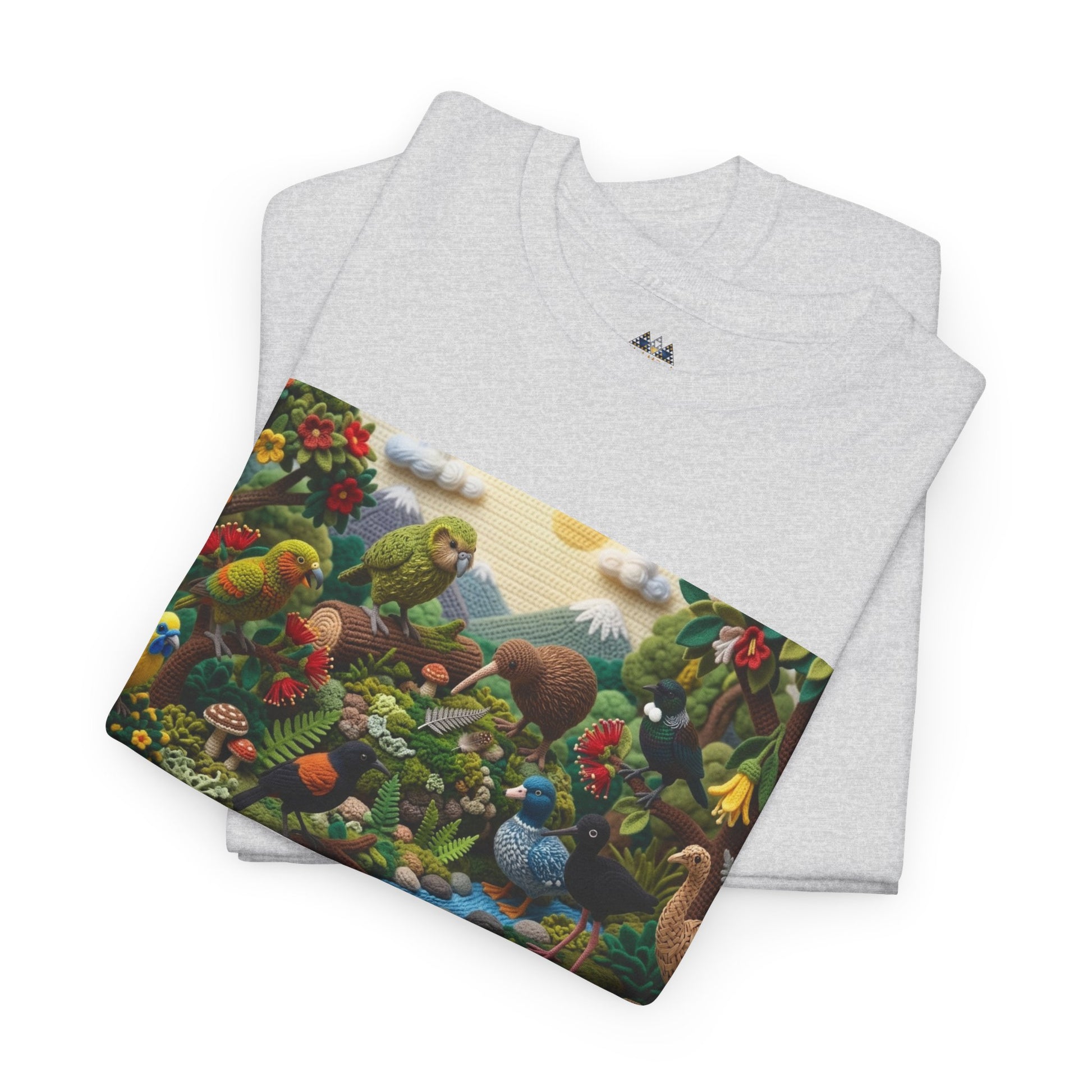 Heather gray graphic T-shirts with birds-and-forest scene panel print