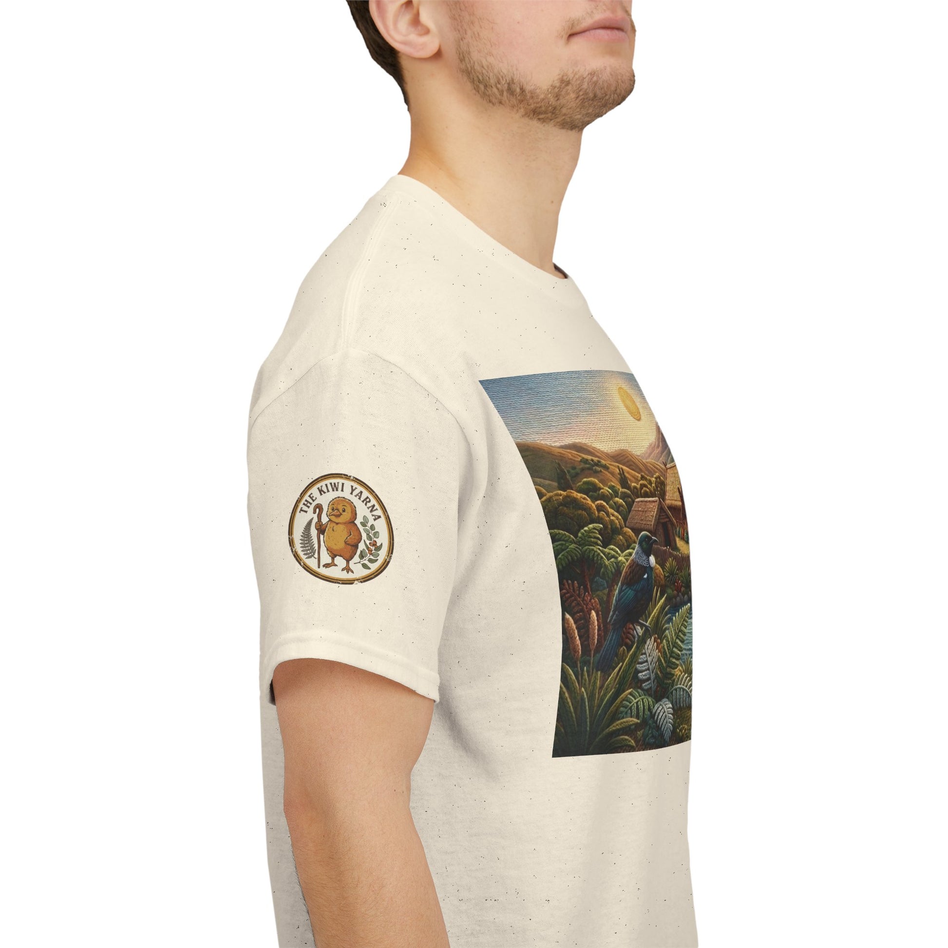 Cream graphic T-shirt with landscape chest print and circular sleeve logo patch
