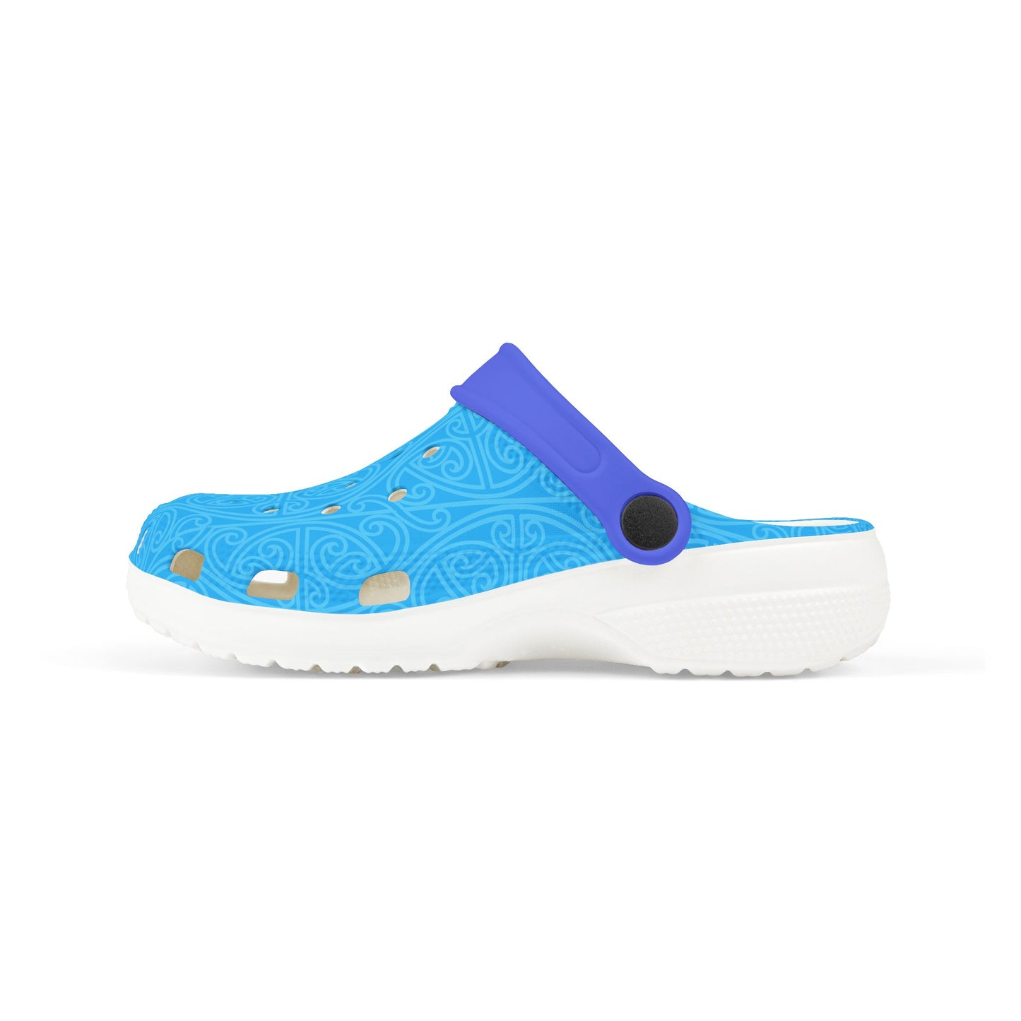 Light blue and purple slip-on clog with swirl pattern, perforations, white outsole, side view