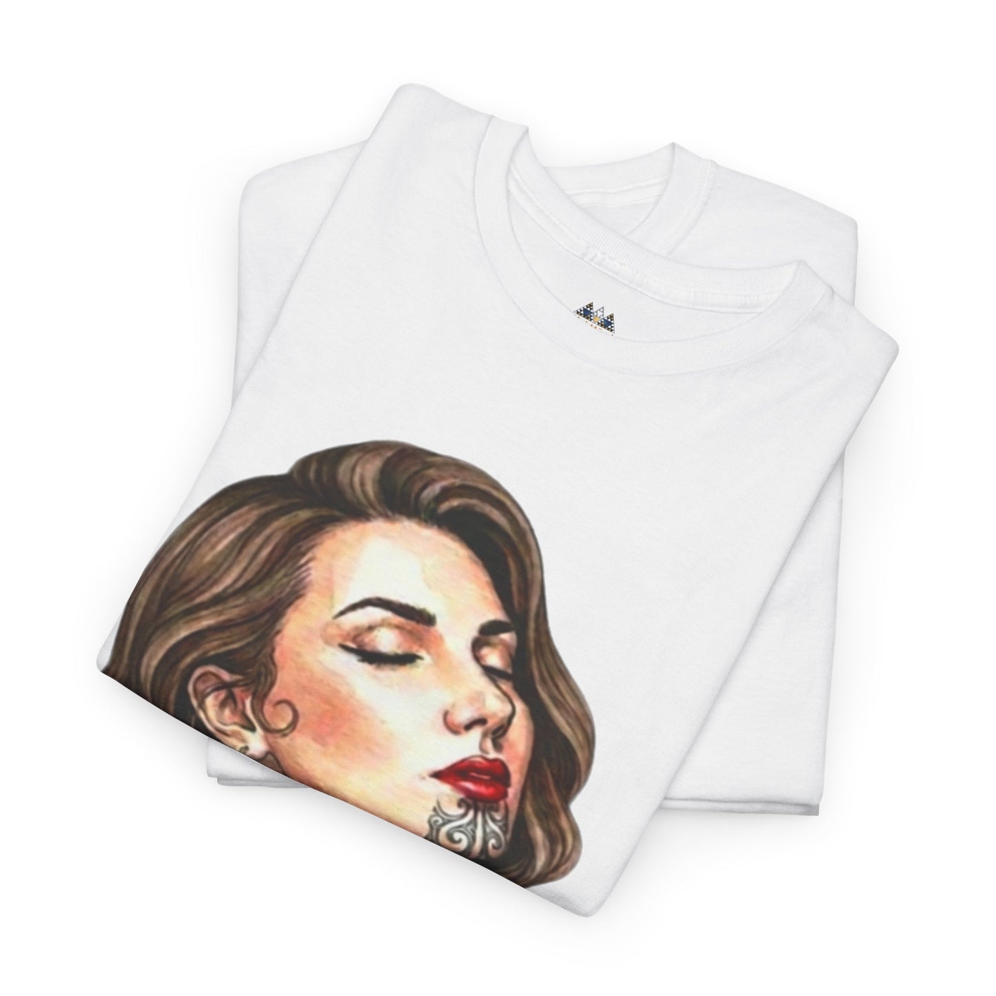 Light cream graphic T-shirt folded with portrait woman face print