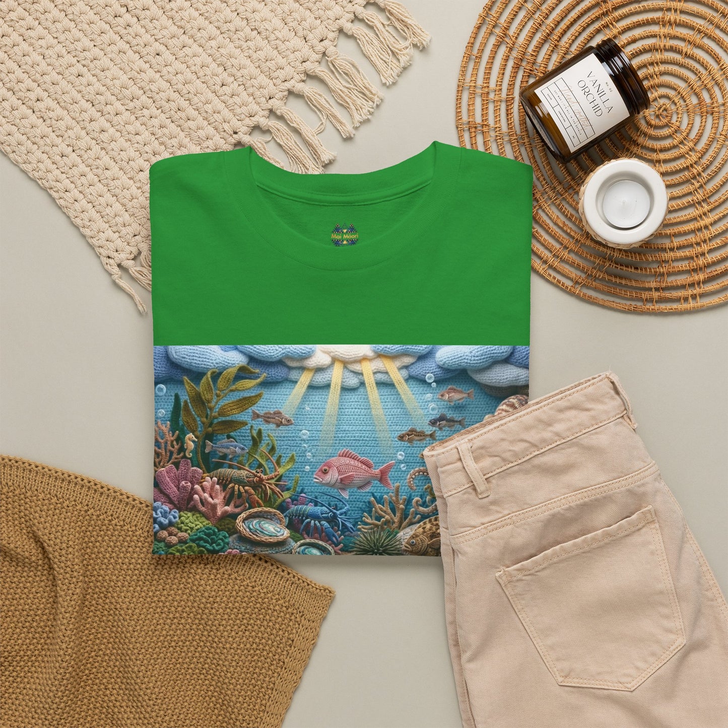 Green crew-neck graphic T-shirt with rectangular ocean scene chest print