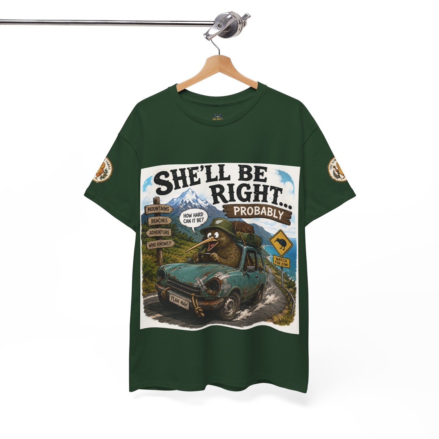 Green graphic T-shirt on hanger with front adventure poster print