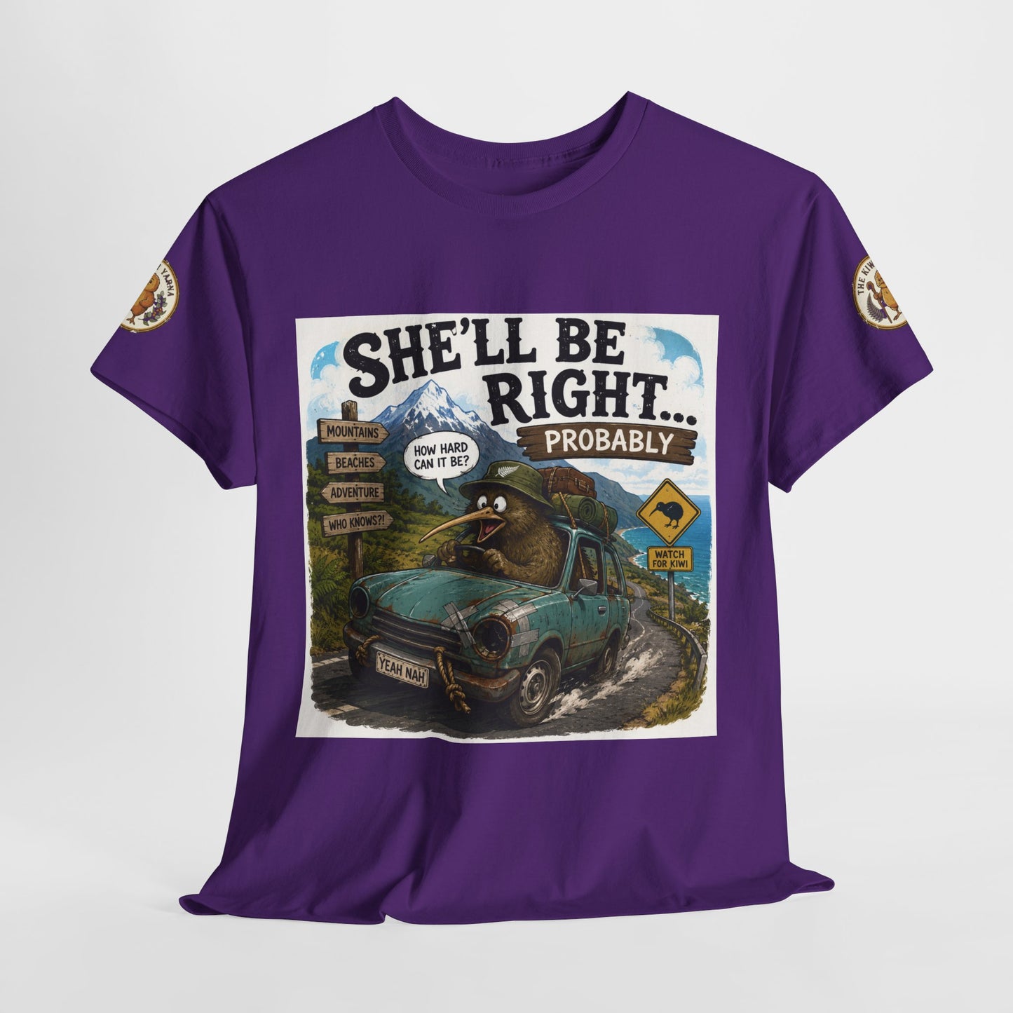 Purple crewneck T-shirt with large front graphic square featuring a car and quote text
