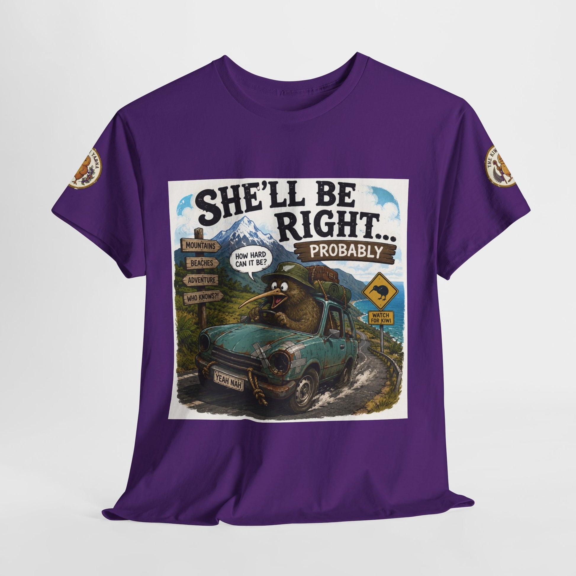 Purple crewneck T-shirt with large front graphic square featuring a car and quote text