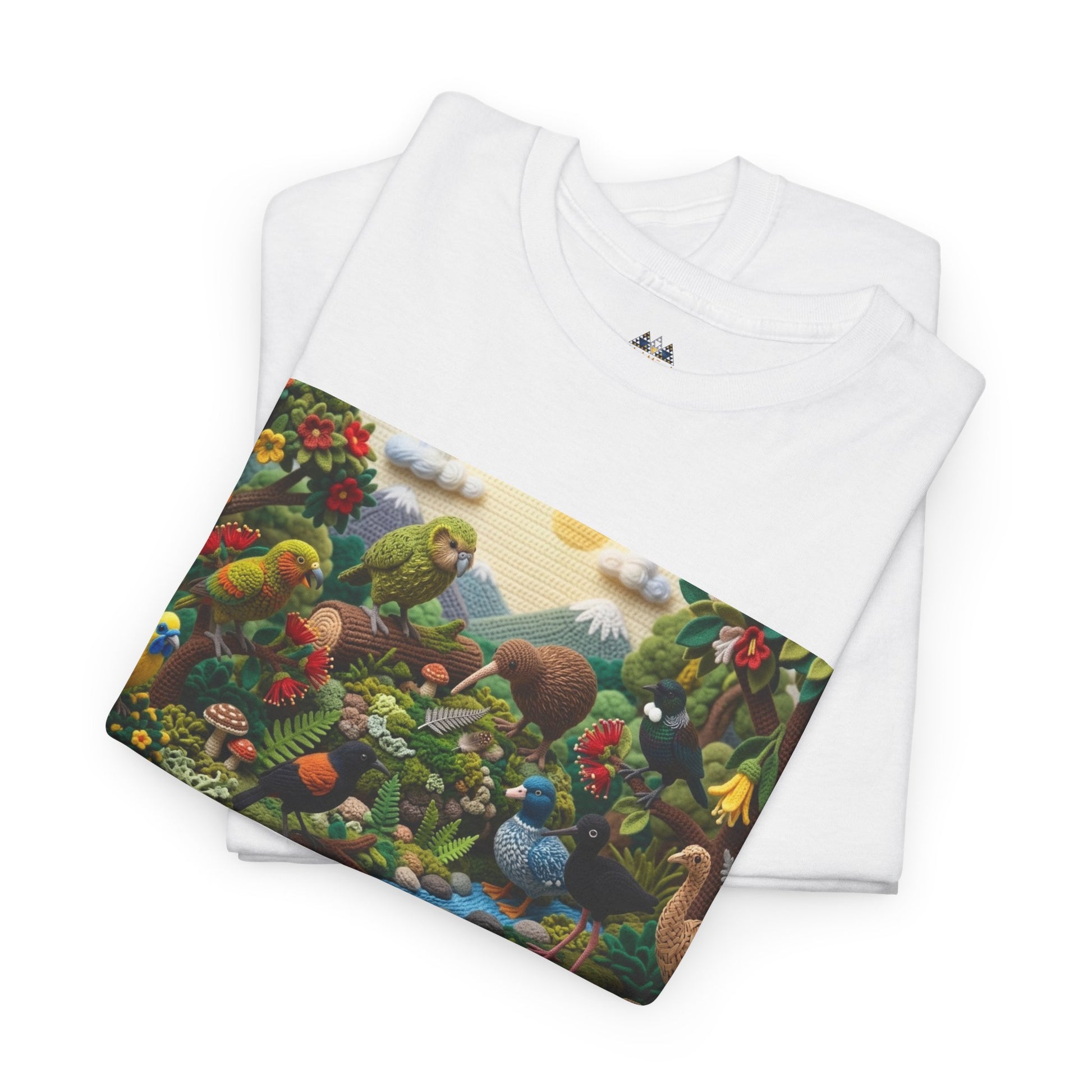 White graphic T-shirt flat lay with nature birds and flowers panel across chest