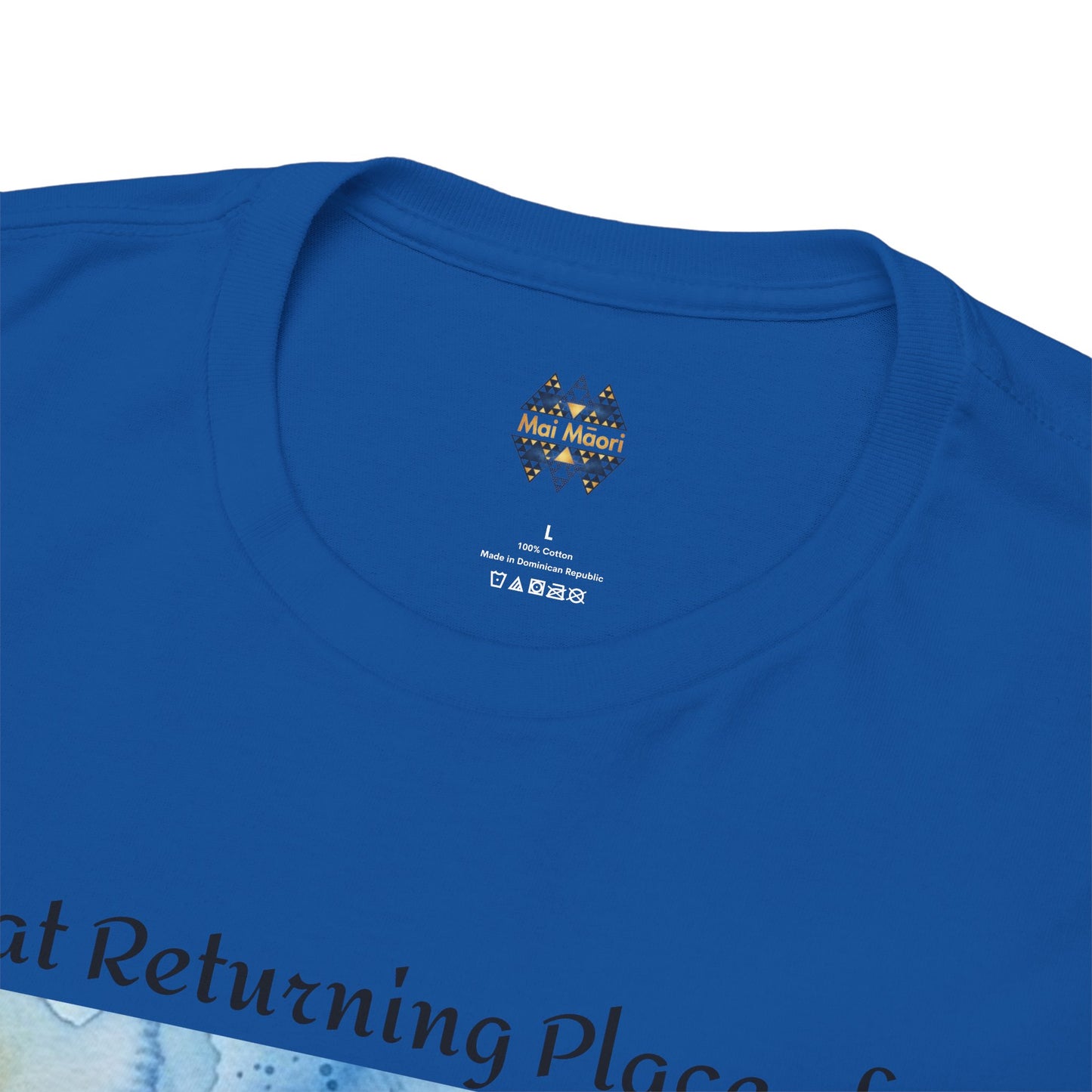 Blue crew-neck graphic T-shirt close-up with small chest logo and landscape text