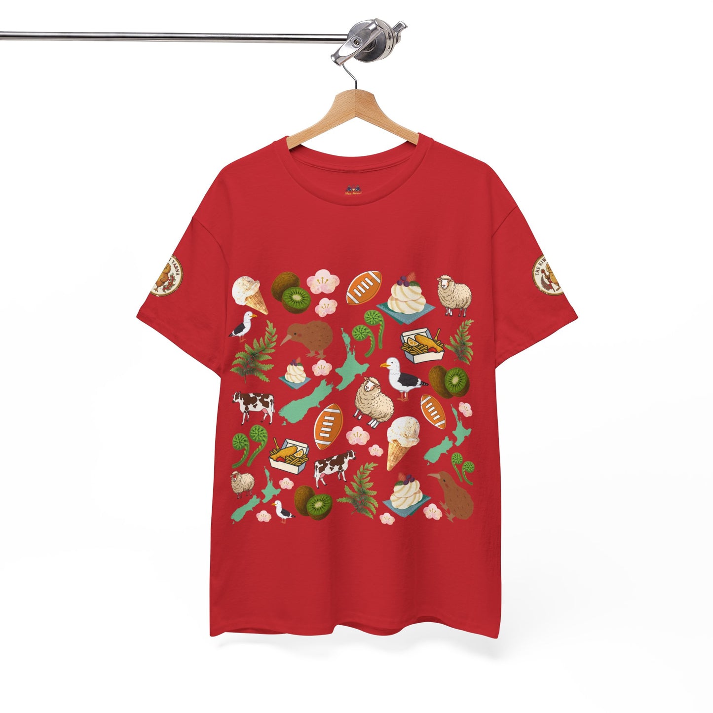 Kiwiana t-shirt in red with large colorful bird-and-fruit graphic front