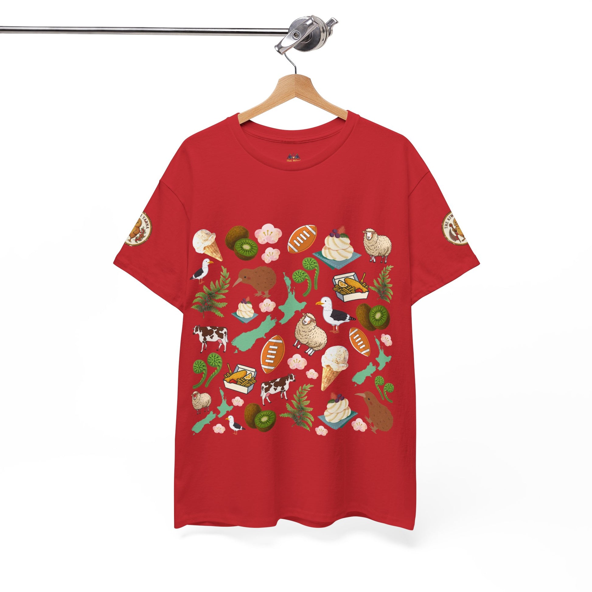 Kiwiana t-shirt in red with large colorful bird-and-fruit graphic front