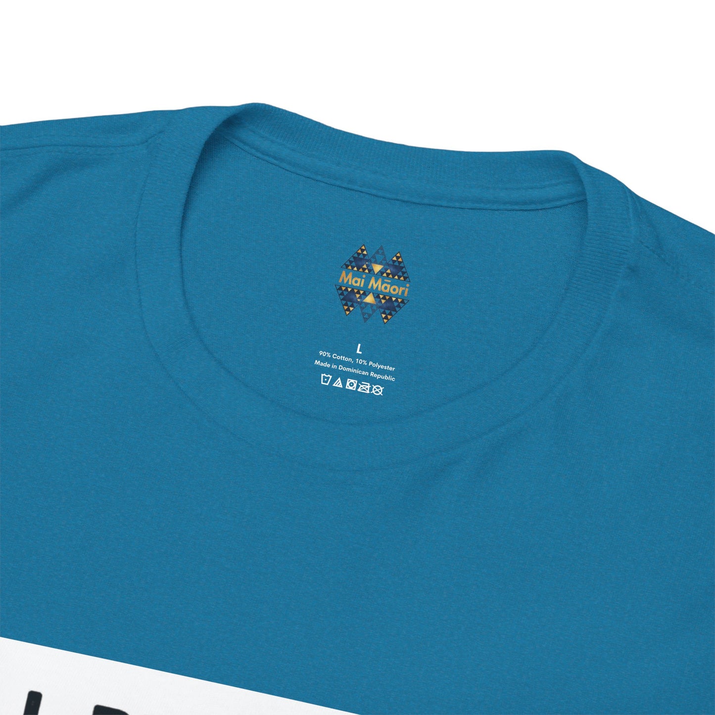 Teal crewneck T-shirt close-up of small chest logo and size/care marks