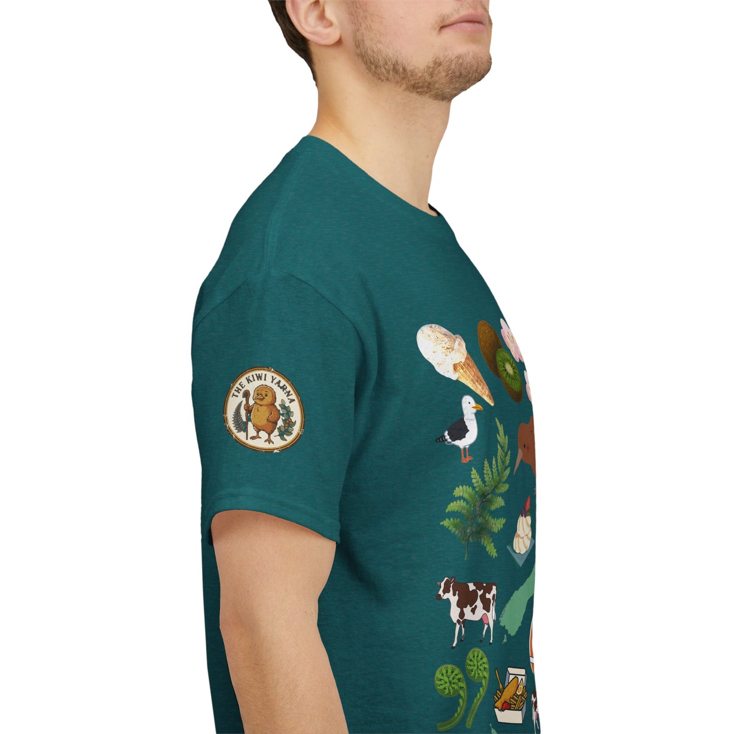 Kiwiana teal graphic T-shirt with circular sleeve logo and illustrated animals