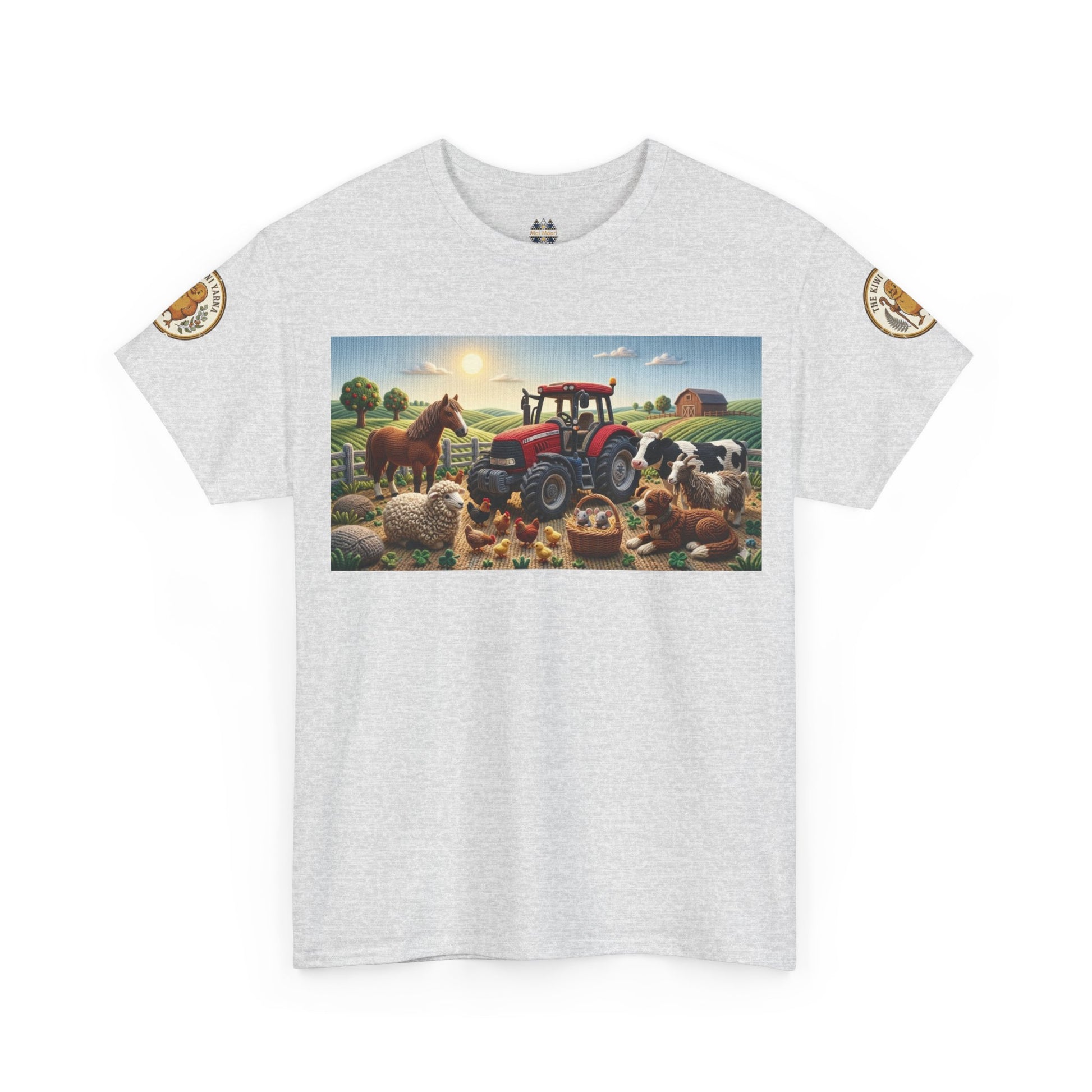 Light gray farm graphic T-shirt with front rectangle tractor-and-animals scene and sleeve patches