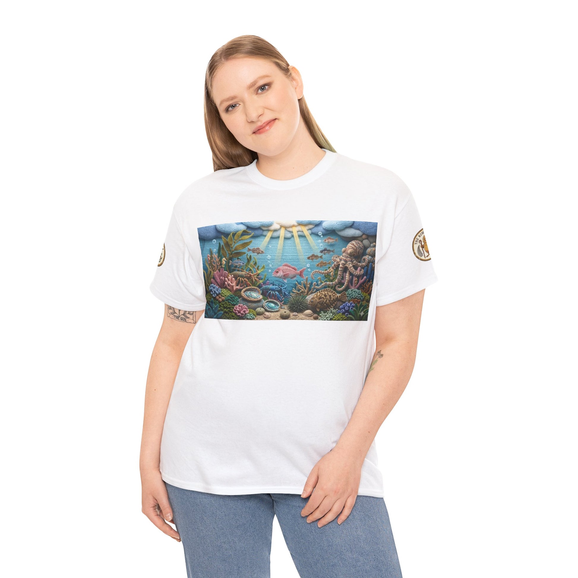 White crew-neck T-shirt with undersea scene print on chest.