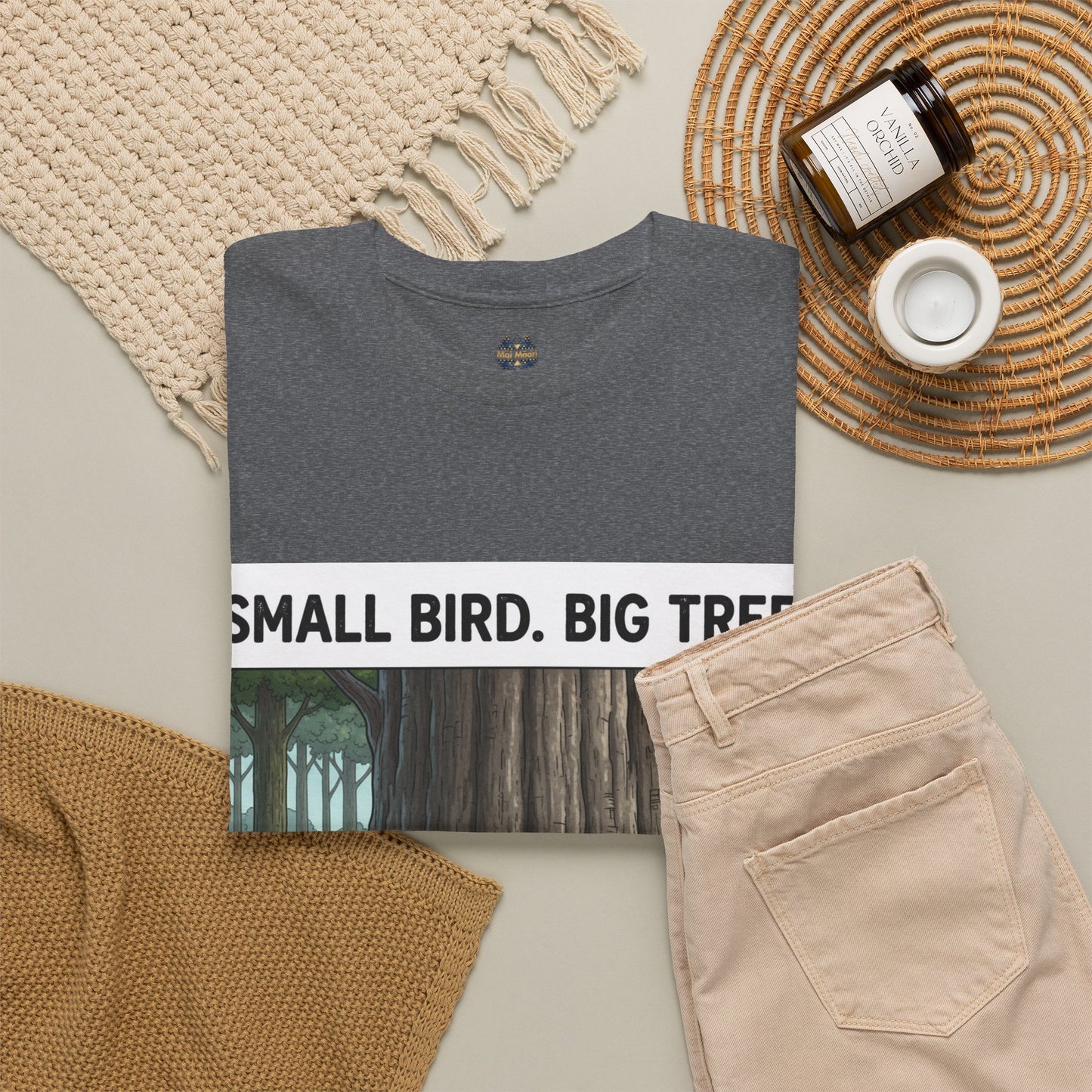 Heather gray crewneck graphic T-shirt with “SMALL BIRD. BIG TREE.” and forest print