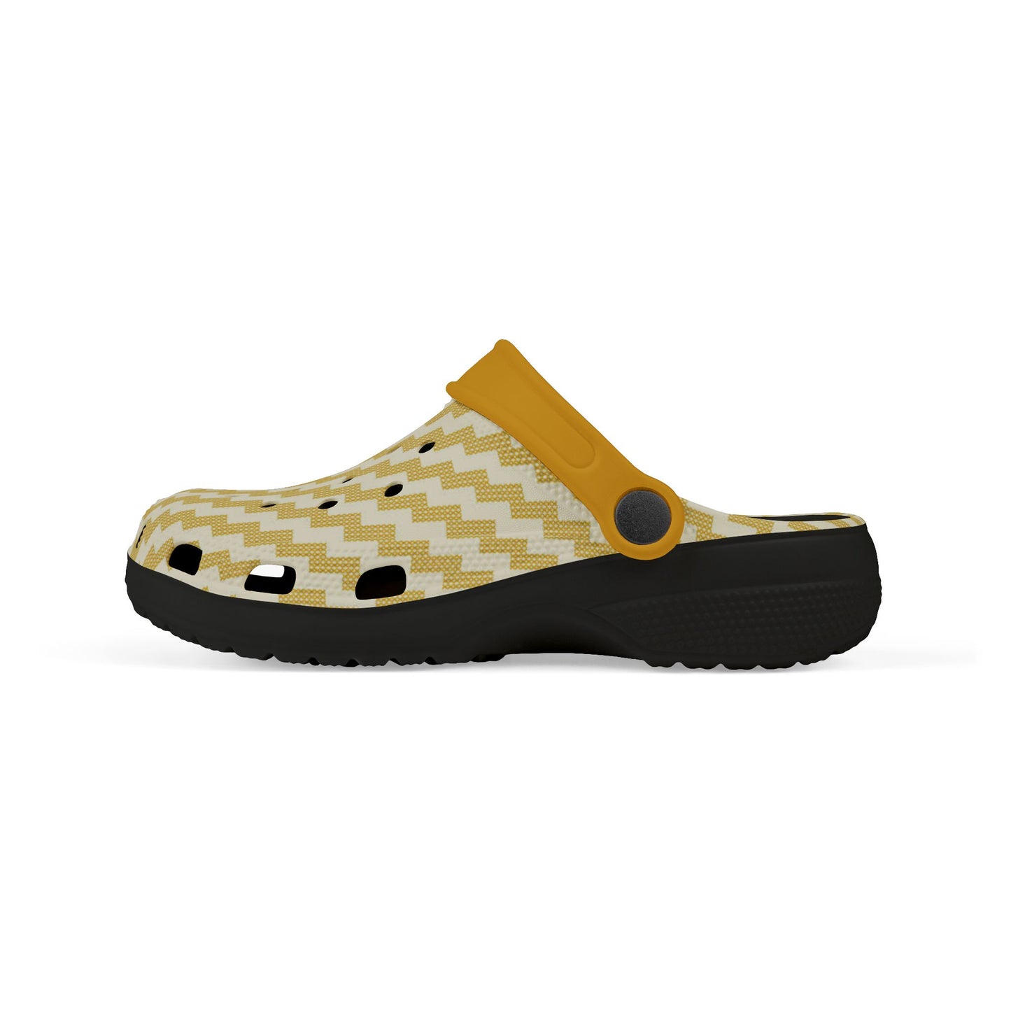 Lateral view chevron clog with mustard strap and black sole, perforated look