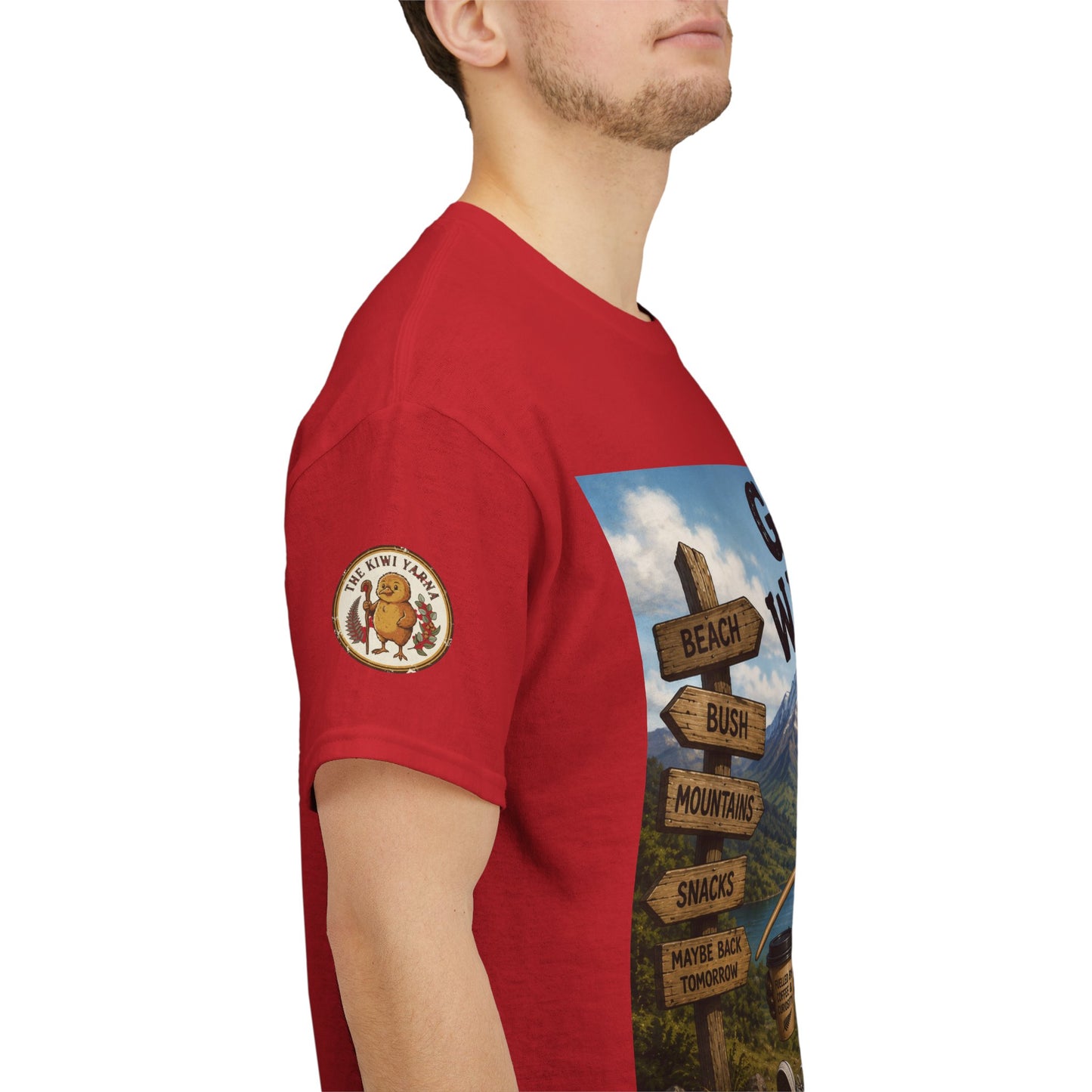 Red T-shirt with Kiwi Style character graphic and sleeve patch