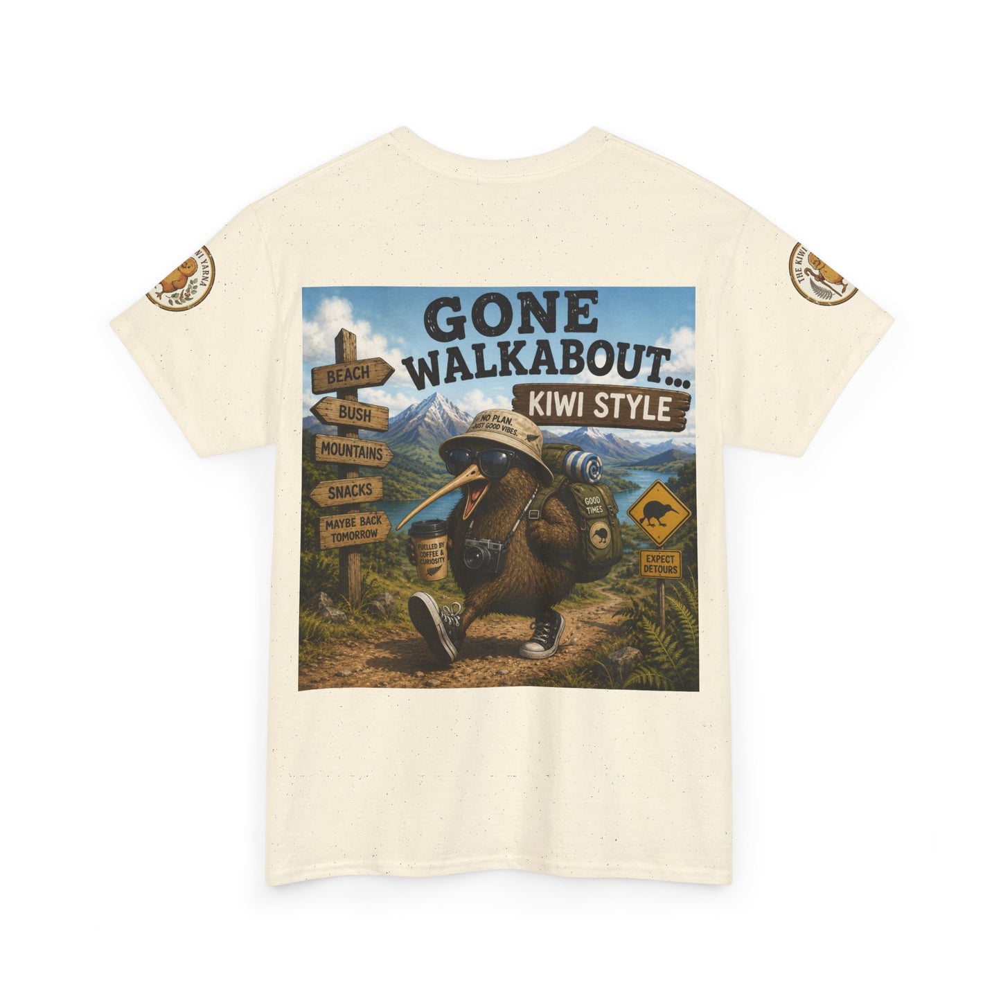 Cream graphic T-shirt with "Gone Walkabout Kiwi Style" front print and crew neck