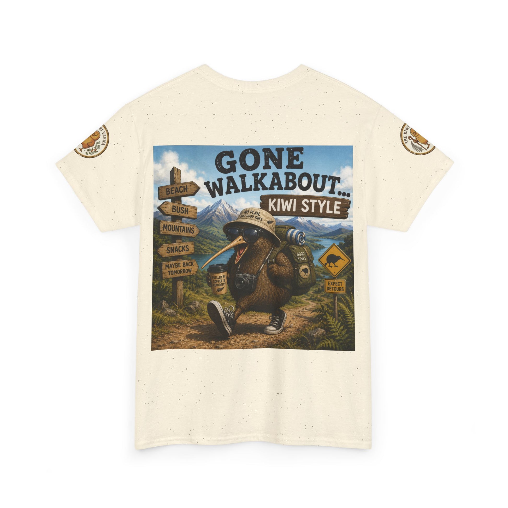 Cream graphic T-shirt with "Gone Walkabout Kiwi Style" front print and crew neck