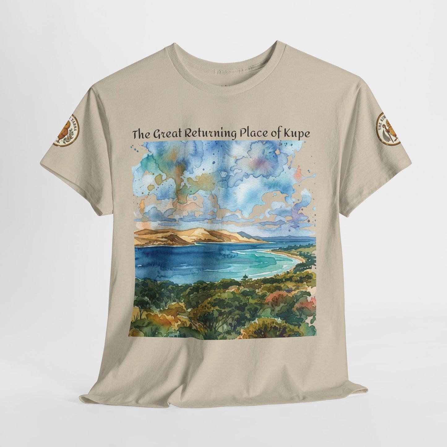 Beige Hokianga Harbour graphic T-shirt, front view, large seascape landscape artwork