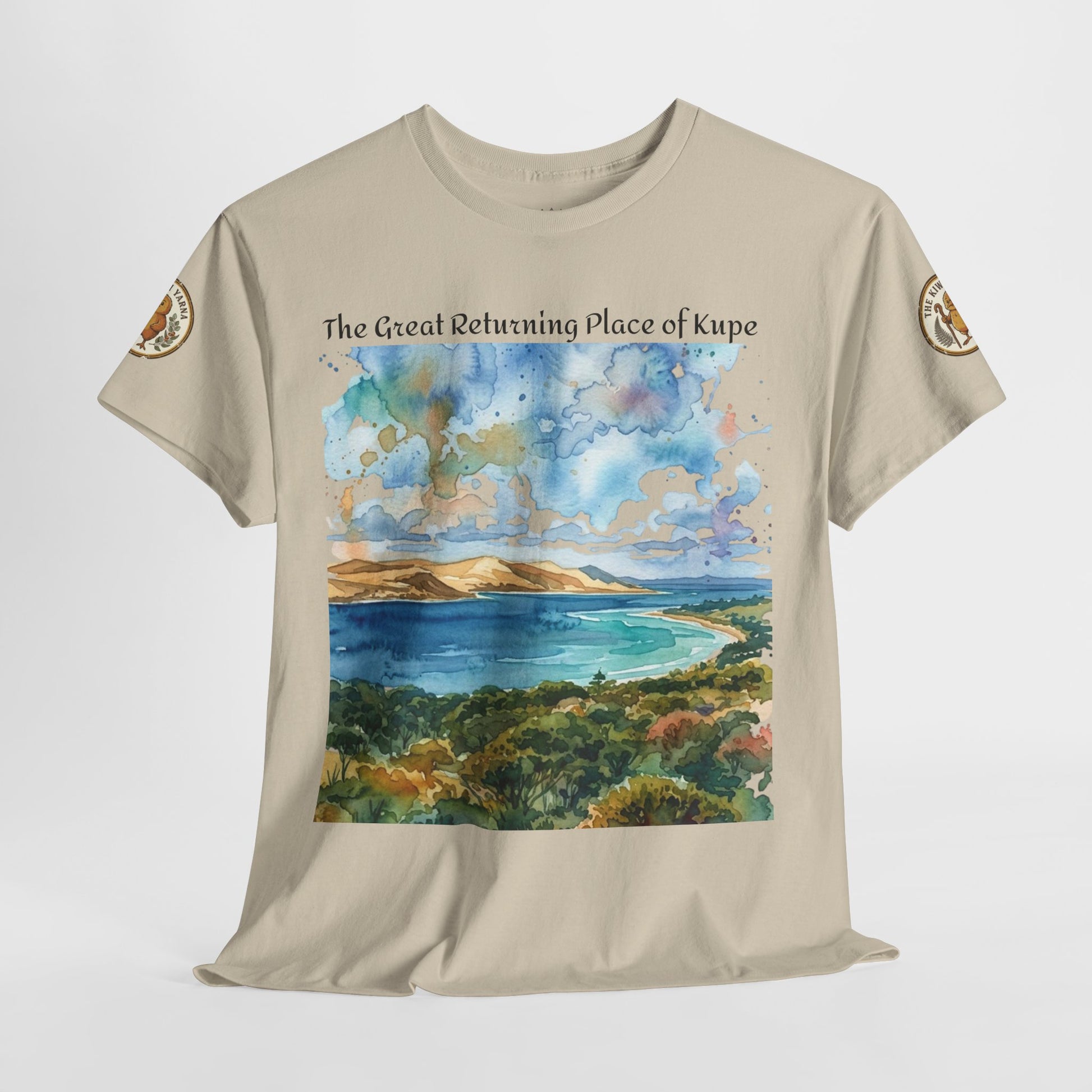 Beige Hokianga Harbour graphic T-shirt, front view, large seascape landscape artwork