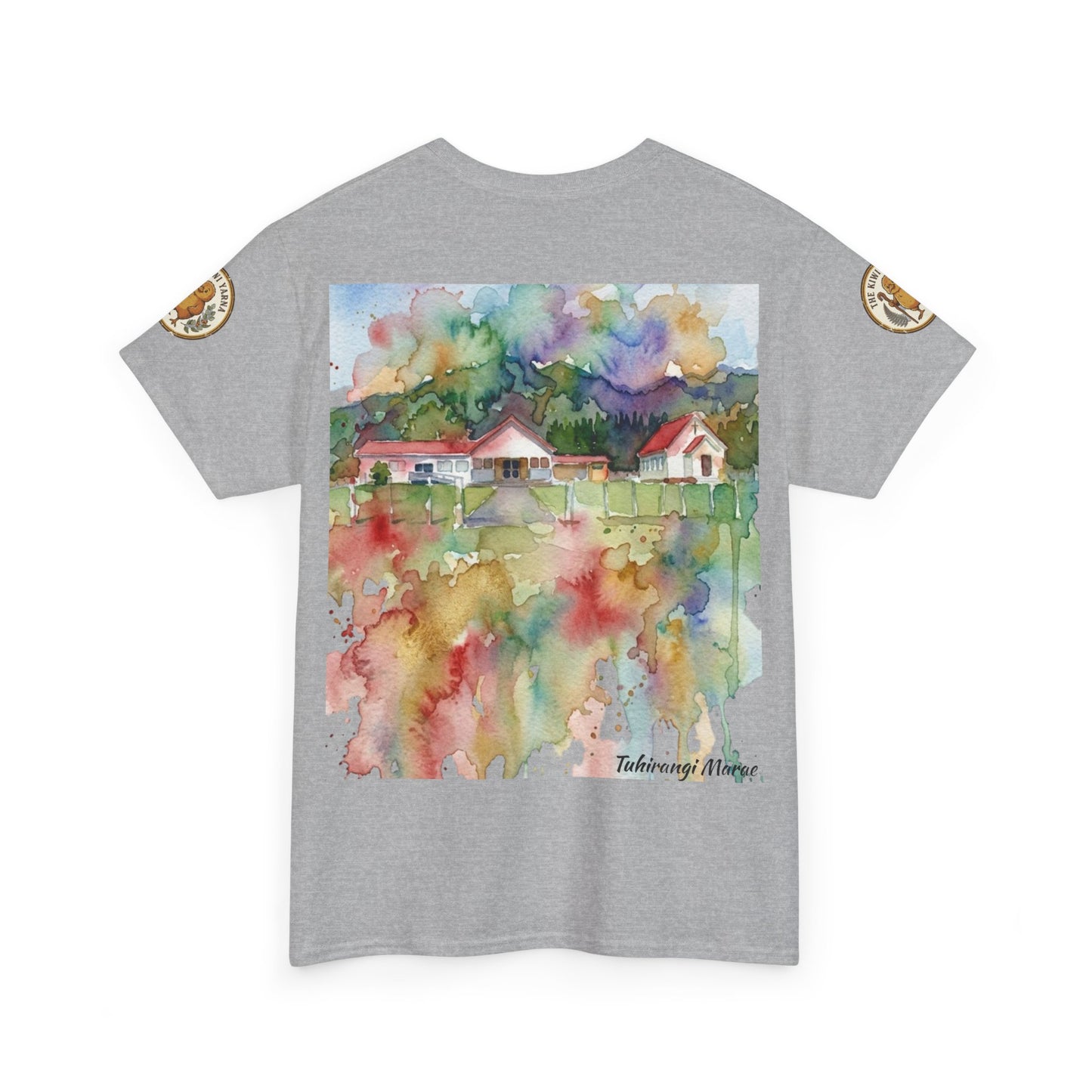 Grey T-shirt with watercolor landscape print and small shoulder patches.
