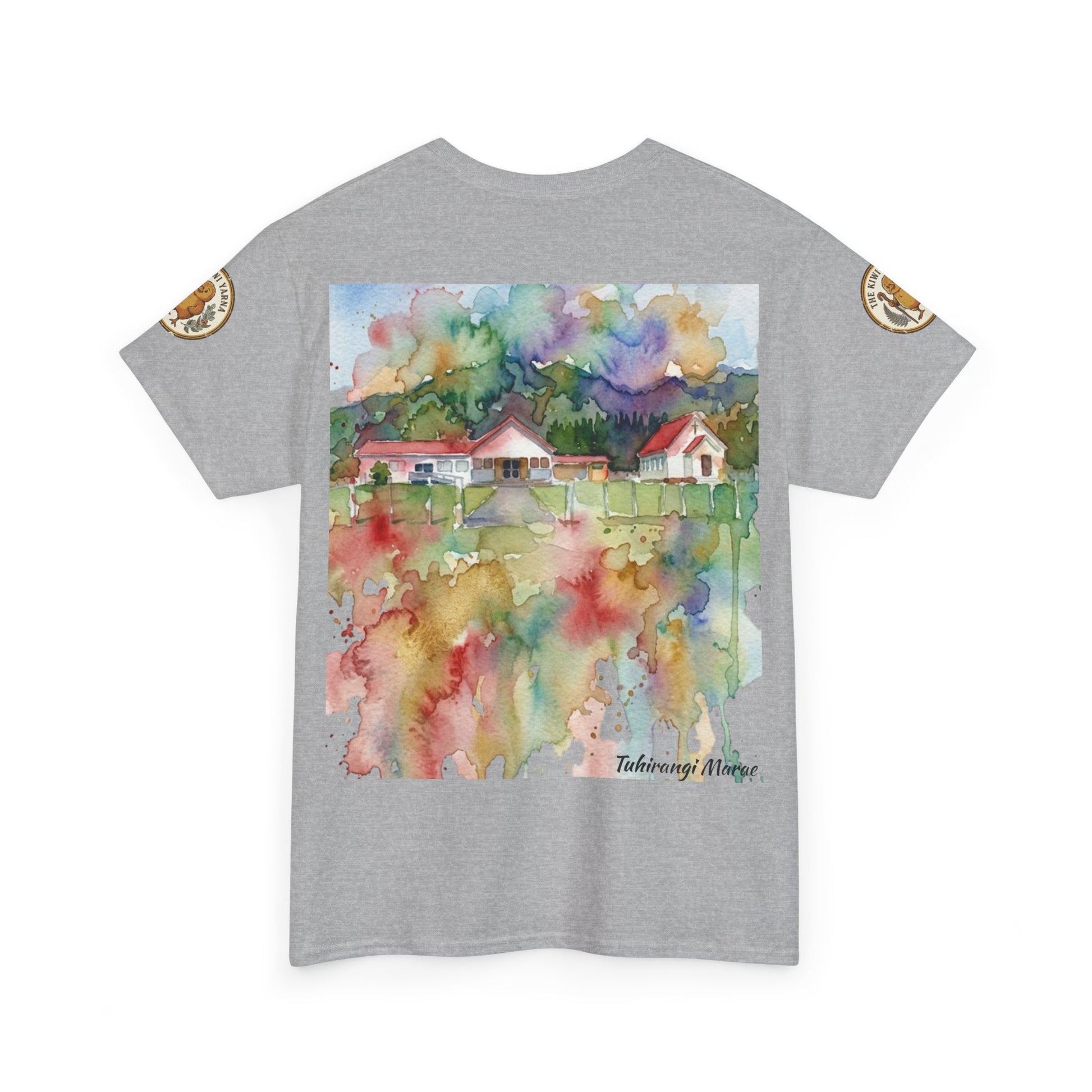 Grey T-shirt with watercolor landscape print and small shoulder patches.