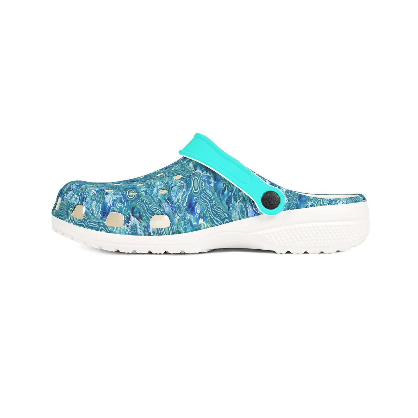 Teal blue patterned clog shoes with strap top and side profile, white sole