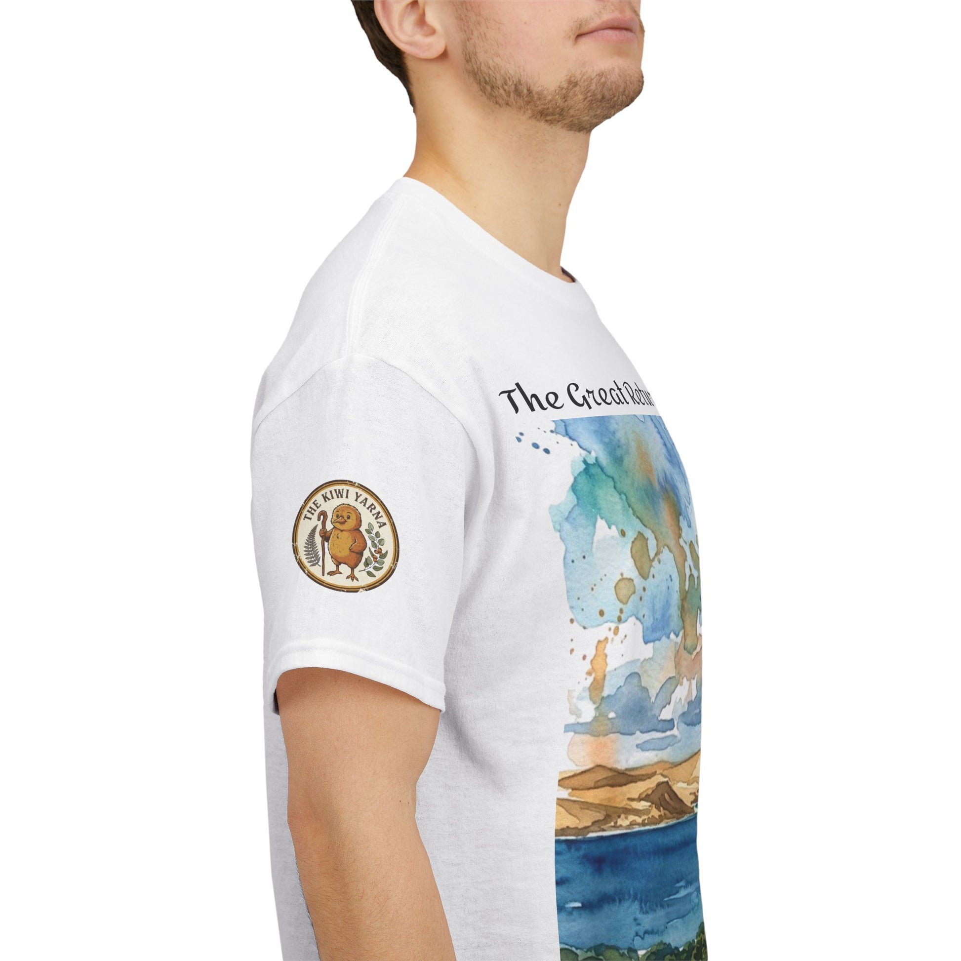 White crew-neck T-shirt with left-sleeve circular emblem and watercolor landscape panel