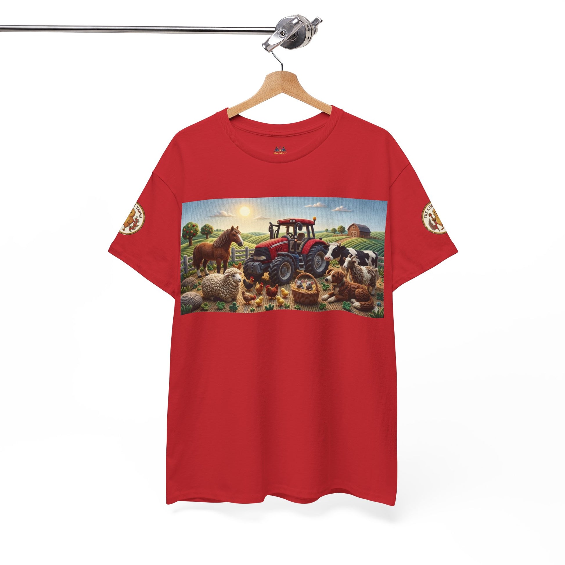 Red farm graphic T-shirt with tractor and animals panel and gold sleeve logo