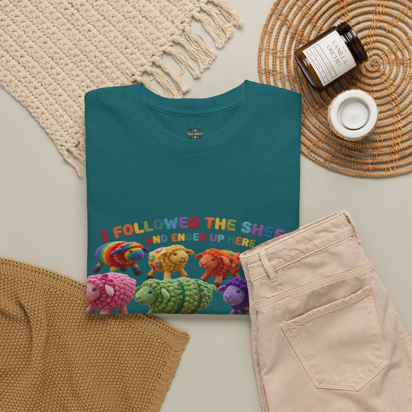 Teal T-shirt with sheep illustration and colorful slogan, styled with light pants
