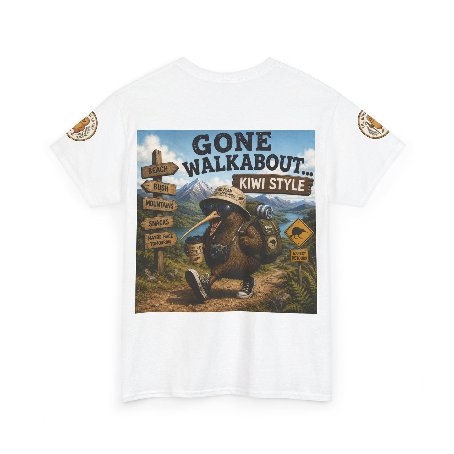 White short-sleeve T-shirt with front “Gone Walkabout Kiwi Style” kiwi graphic
