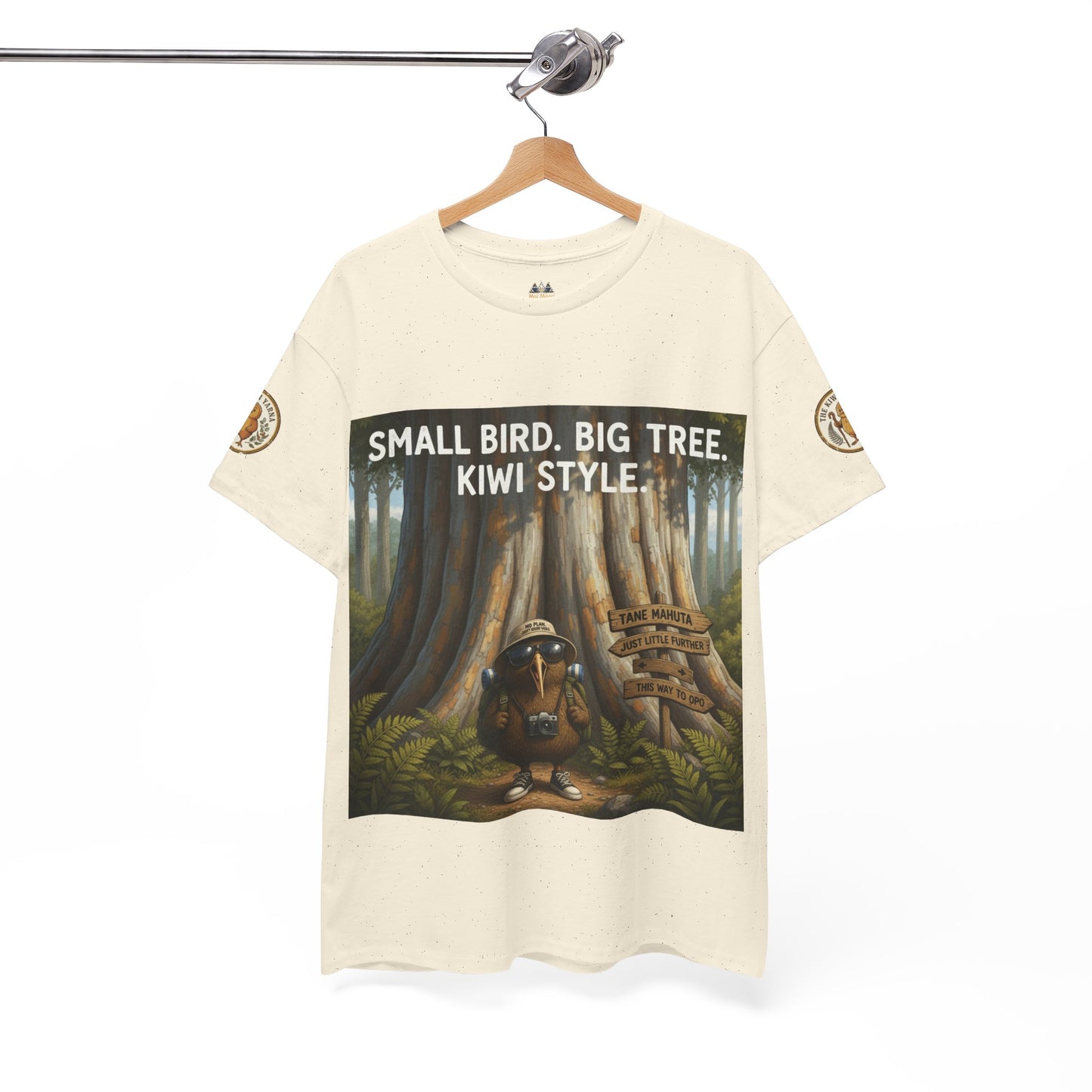 Ivory crewneck T-shirt on hanger with rectangular forest animal graphic