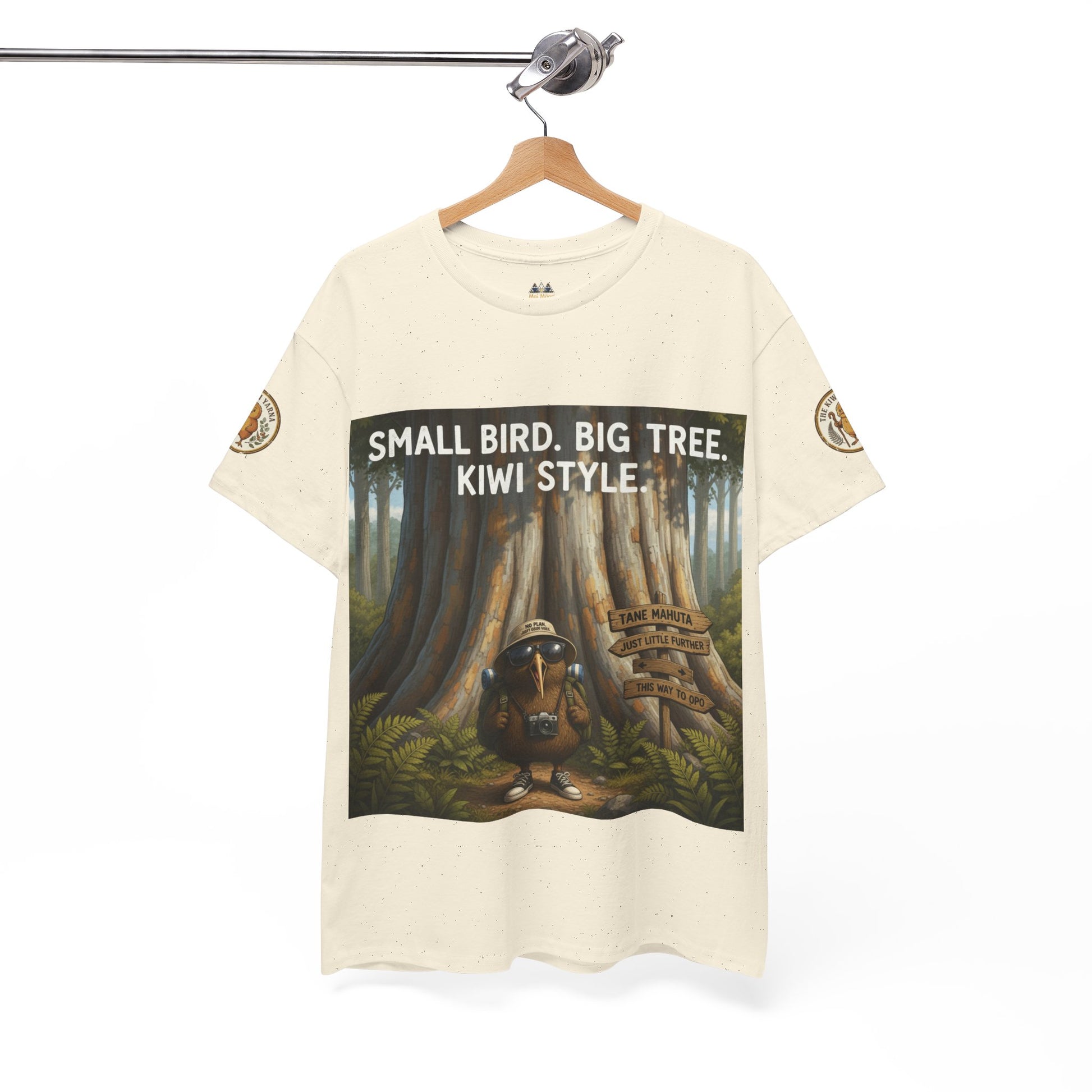 Ivory crewneck T-shirt on hanger with rectangular forest animal graphic