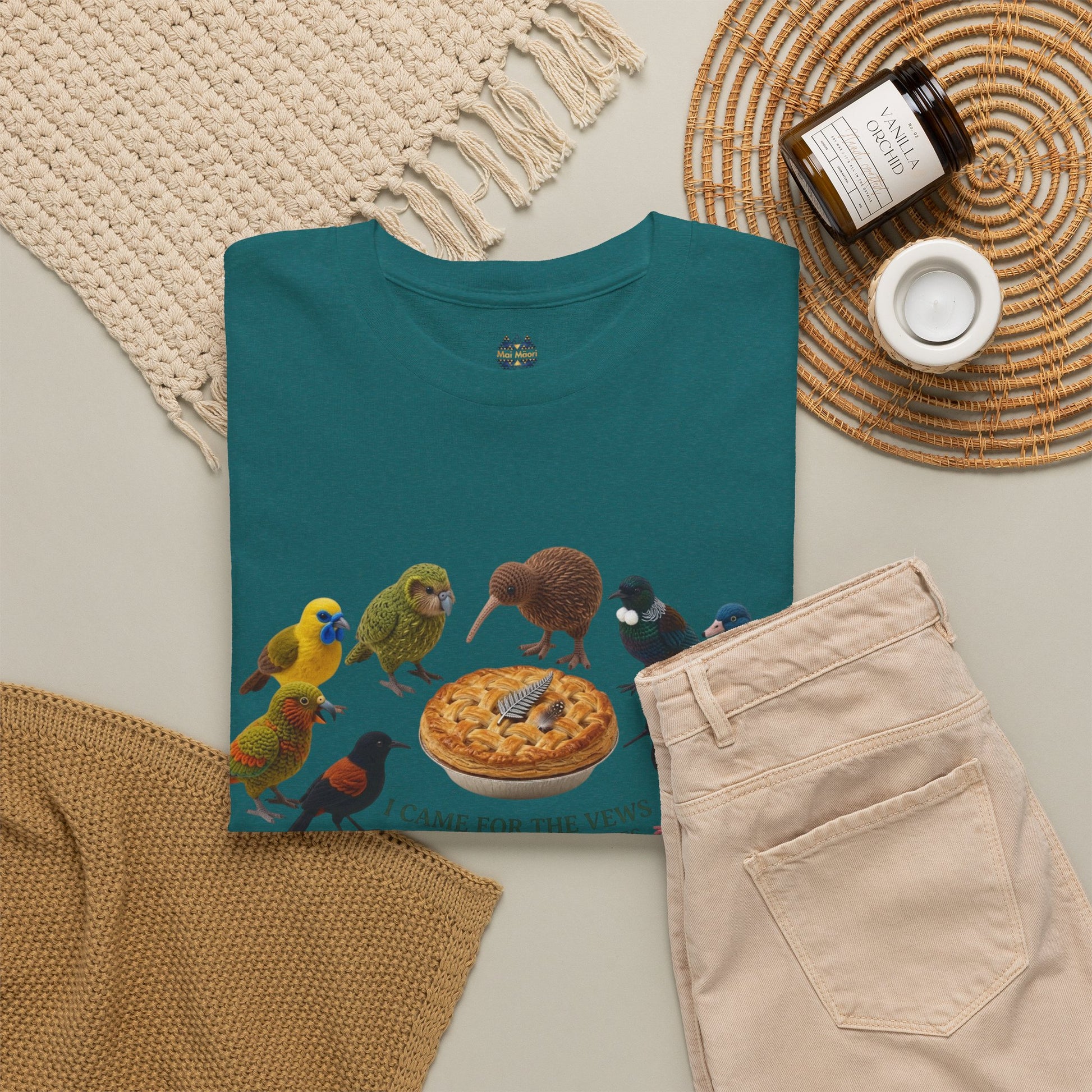 Teal graphic T-shirt with bird-and-pizza front print
